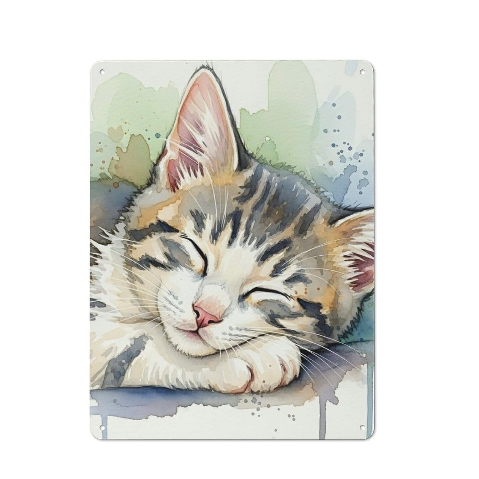 Junmoney Style-18 40X30cm Retro Tin Sign With Sleeping Kitten Watercolor Painting For Lounge Or Reading Corner, A Decorative Metal Sign For Lounges And Reading Corners