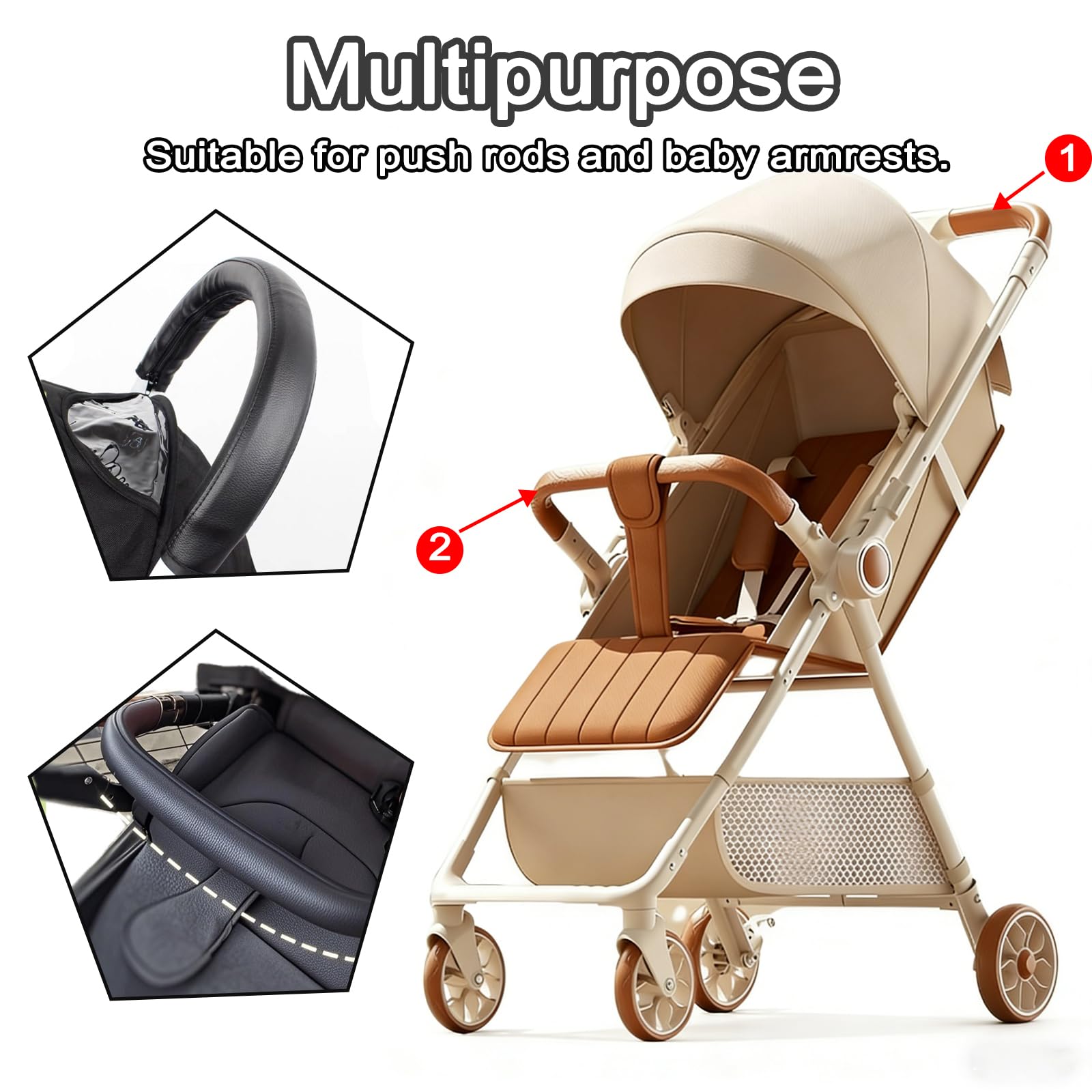 2PCS Copri Maniglia Passeggino Marrone, Copri Maniglie per Carrozzina in Pelle di Pu, Protezione Della Maniglia Per Carrozzina,Impermeabile,Impugnatura Antipolvere Copertura-Marrone+Nero