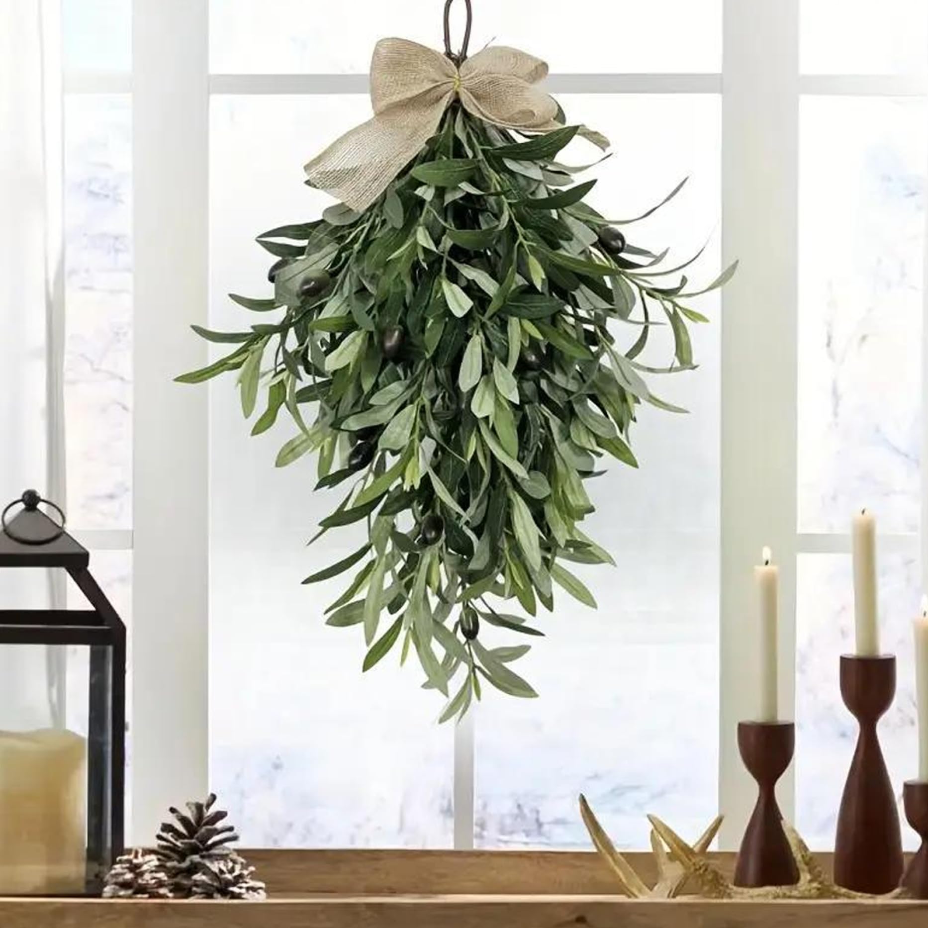 Türkranz, Frühlingskranz, Olivenkranz, 61 cm, künstlicher Olivenzweig, hängender Tropfen-Swag mit Sackleinenschleife, Haustür, Wand, Fenster, Hochzeit, Bauernhaus, Heimdekoration