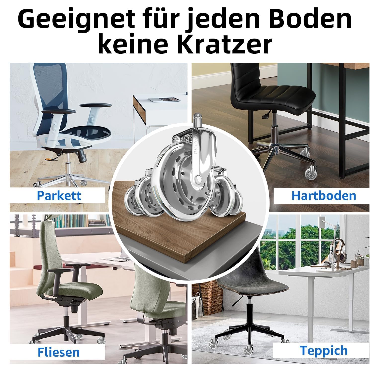 Mastery Mart Kółka do krzesła biurowego, zestaw 5 sztuk, 11 mm x 22 mm, kółka do twardych podłóg, pasują do 98% wszystkich kółek krzeseł, nie do 1KEA, srebrne