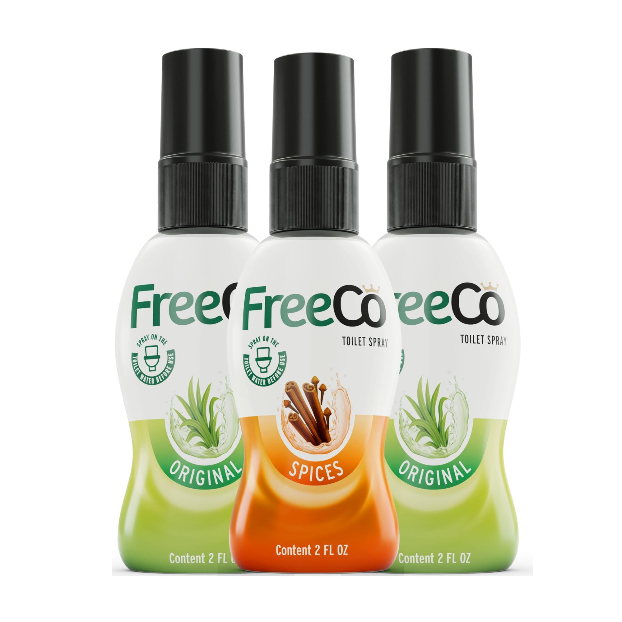Freeco Before-you-go Toilet Spray | Stops odour Before it Begins with Essential Oils | Ideal for Home, Office, Public Spaces & Travel | Variety 3-Pack 3x60ml: 2 Citrus Scent & 1 Spice Scent