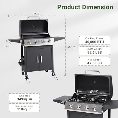 HUGROVE 4-Burner Propane Gas BBQ Grill with Wheels, 40,000 BTU Output Stainless Steel Barbecue Grill for Backyard & Outdoor Cooking Easy Assembly, Foldable Side Tables & Spice Rack (Black)