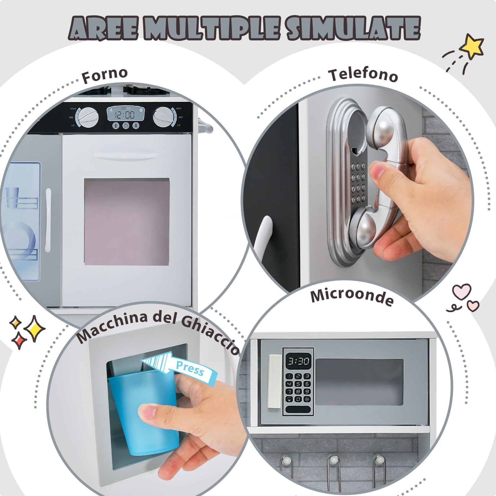 COSTWAY Cucina Giocattolo per Bambini, Cucina Legno per Bambini con Lavagna, Telefono, Microonde e Macchina per Ghiaccio, con Accessori e Suoni Realistici, per 3-6 Anni (Bianco)