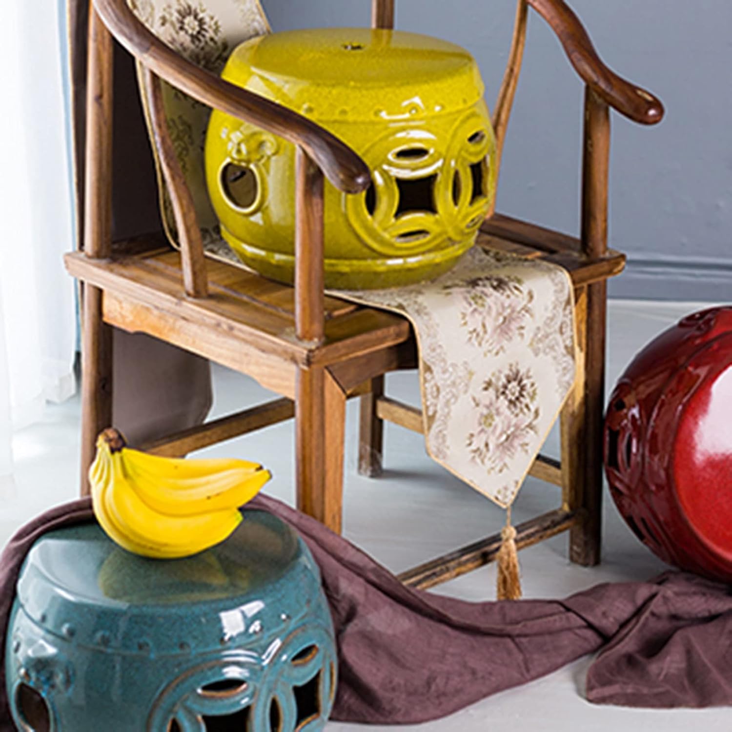 Decorative garden stools, Ceramic Garden Drum Stool, Shoe Changing Stool Garden Decorative Stool, Suitable for Garden, Patio, Lawn(E)