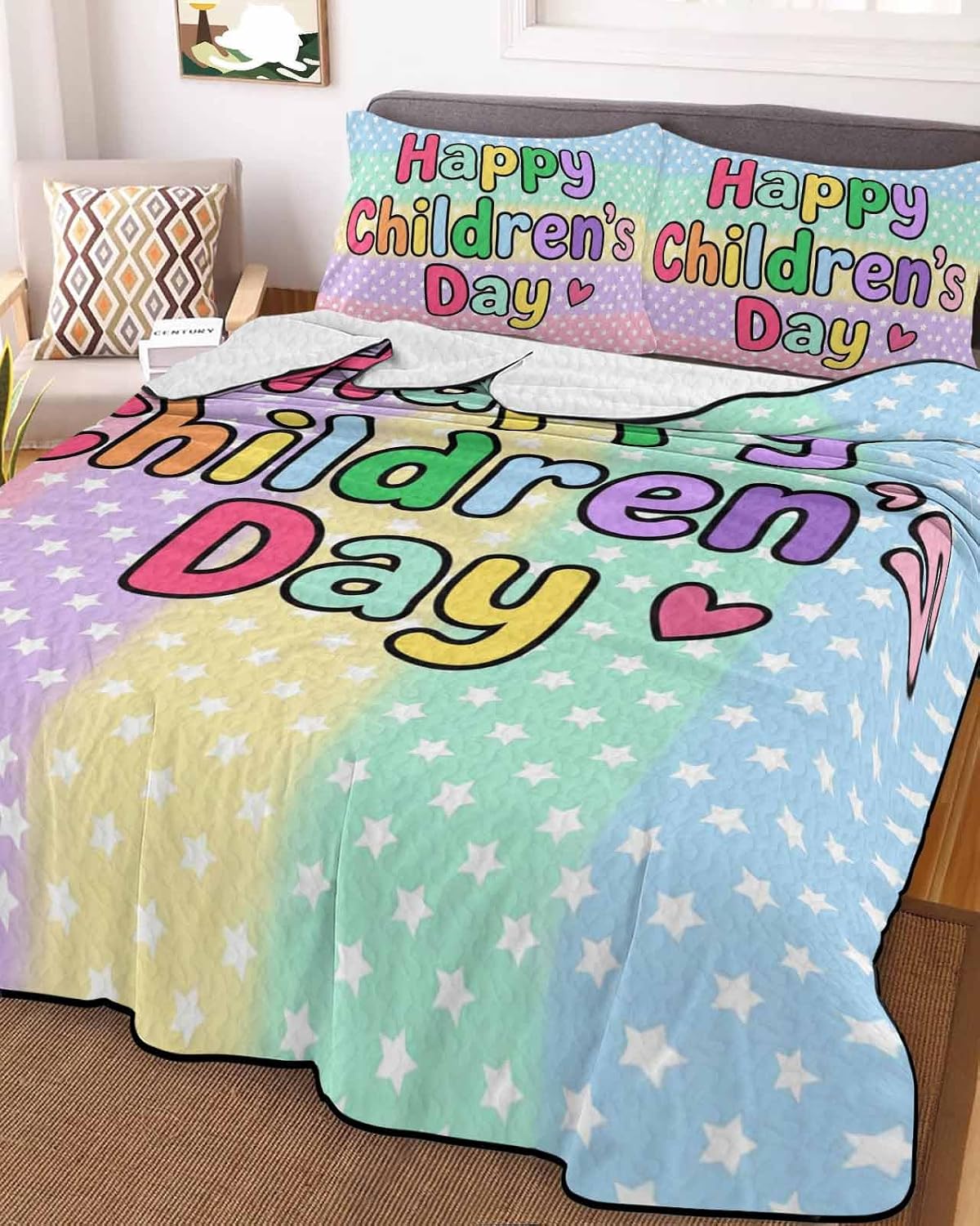 Queen Size Quilt Bedding Set, Colorful Striped Lightweight Soft Quilts Comforter, Children's Day Cute Stars Stripes Quilted Bedspread with 2 Pillow Covers for All Season 90" x 96"