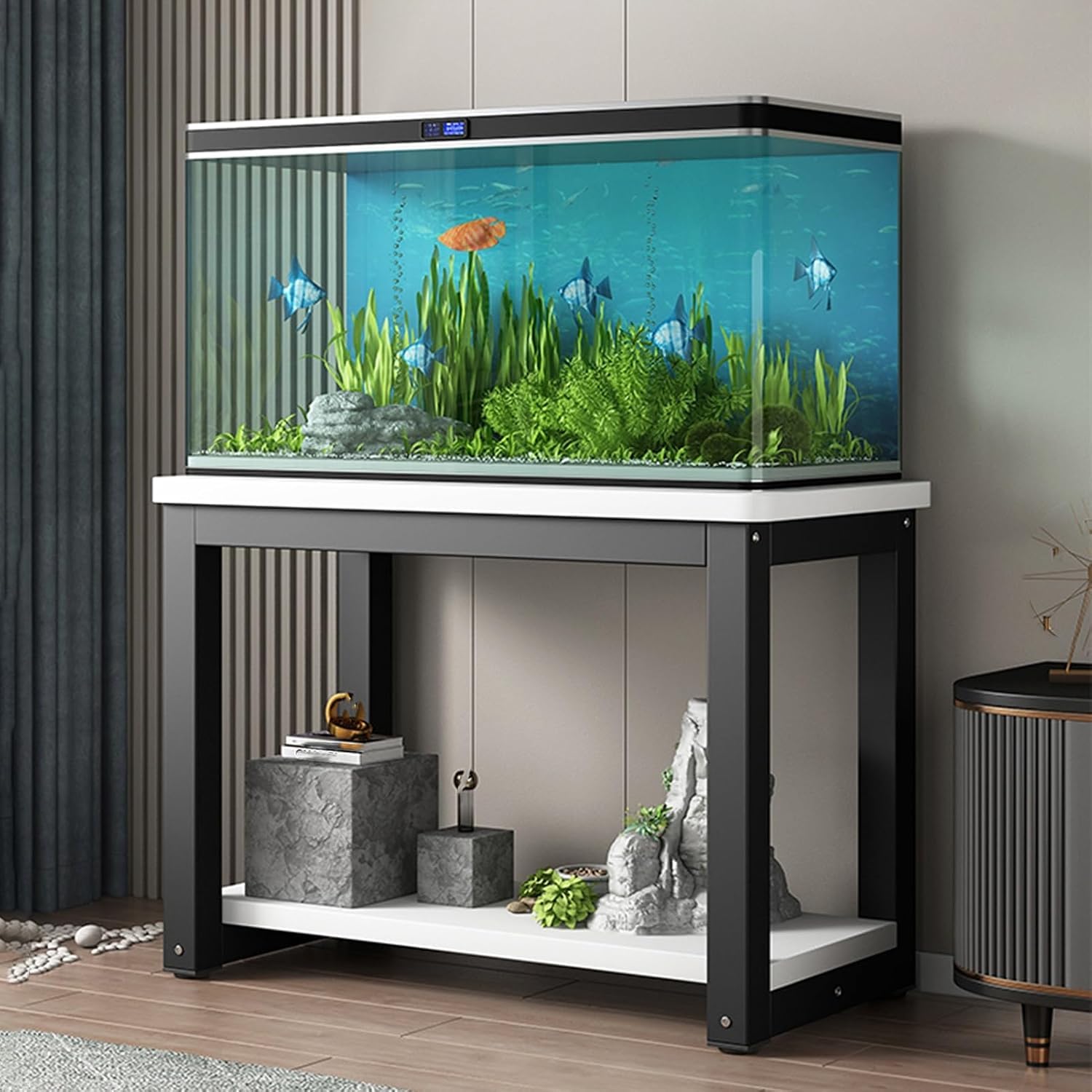 Soporte para Acuario de Acero y Madera de Dos Niveles, Soporte para Pecera y Terrarios, Estante Multiusos para Reptiles Impresora Plantas,C,40x30cm(15 3/4" x11 3/4")