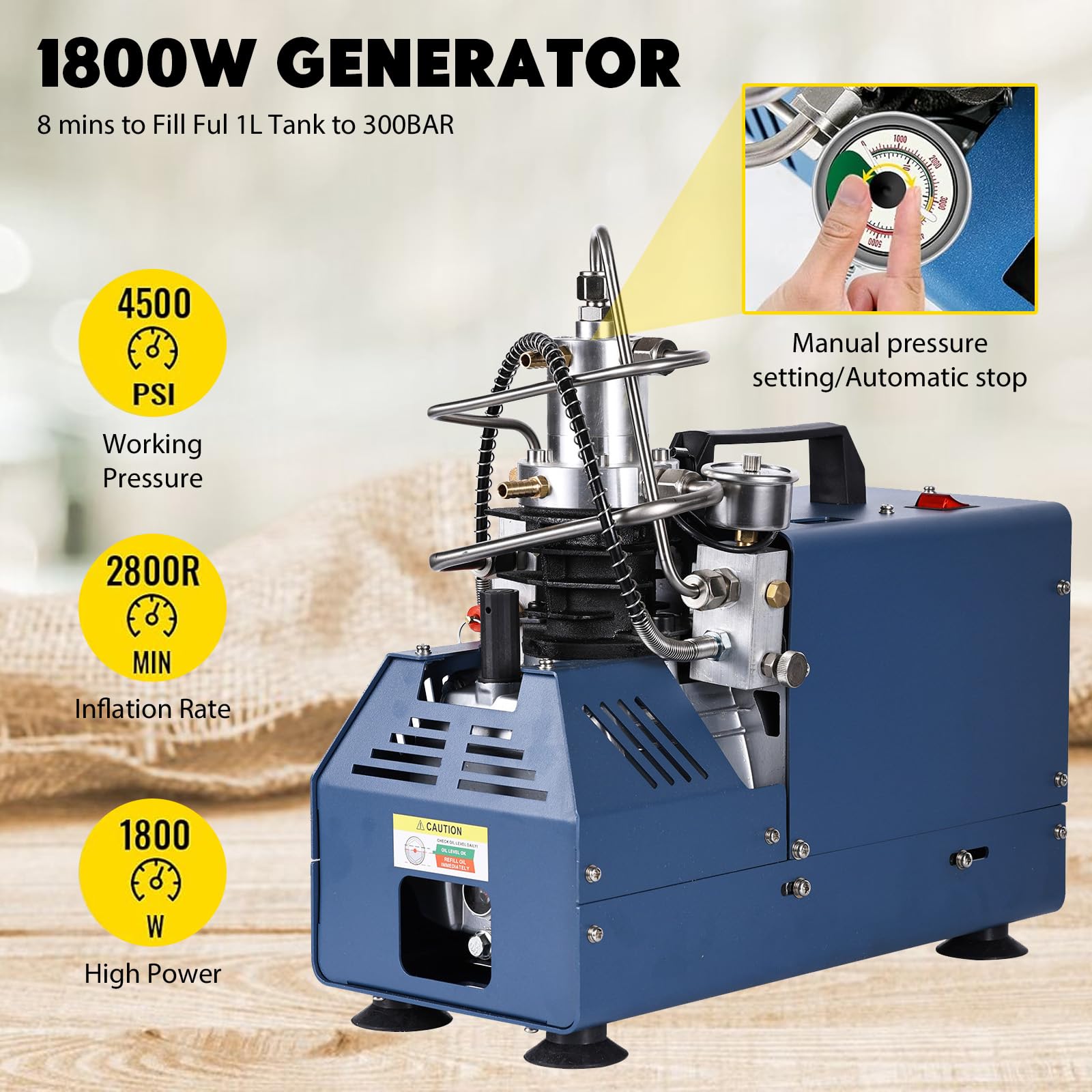 PCP Kompressor 300bar Kompressor Hochdruck Hochdruckluftpumpe1800W 30Mpa 4500PSI Elektrischer Luftkompressor PCP mit Öl-Wasser-Trenner, Luftpumpe für Druckluftpistole, Paintball-Tank