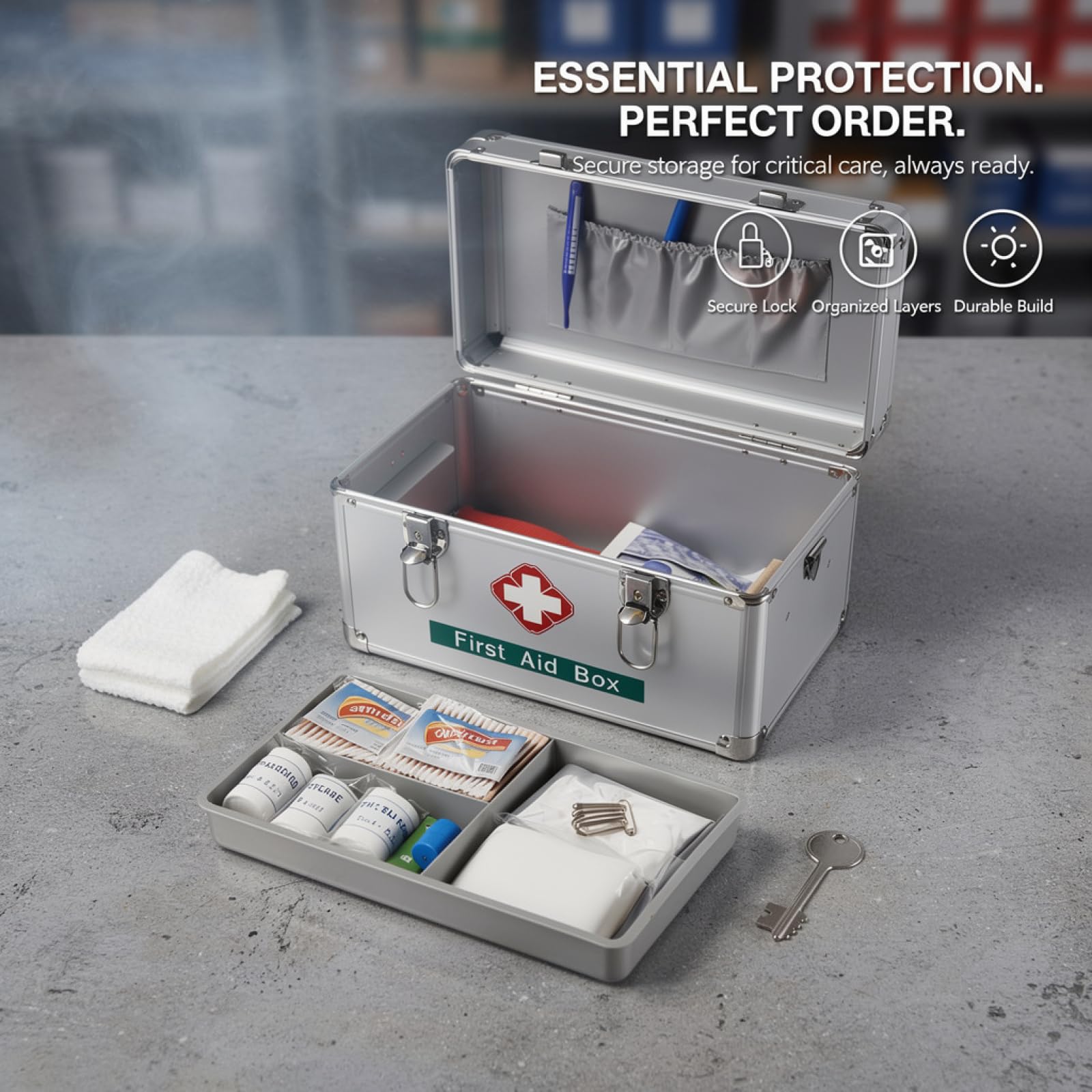 12 Zoll abschließbare Aufbewahrungsbox, 2-lagiger Verbandskasten mit Schlüsselschloss, Griff & Schultergurt, Alu-Organizer für Zuhause, Büro, Auto & Reisen, für Verbandsmaterial & Zubehör