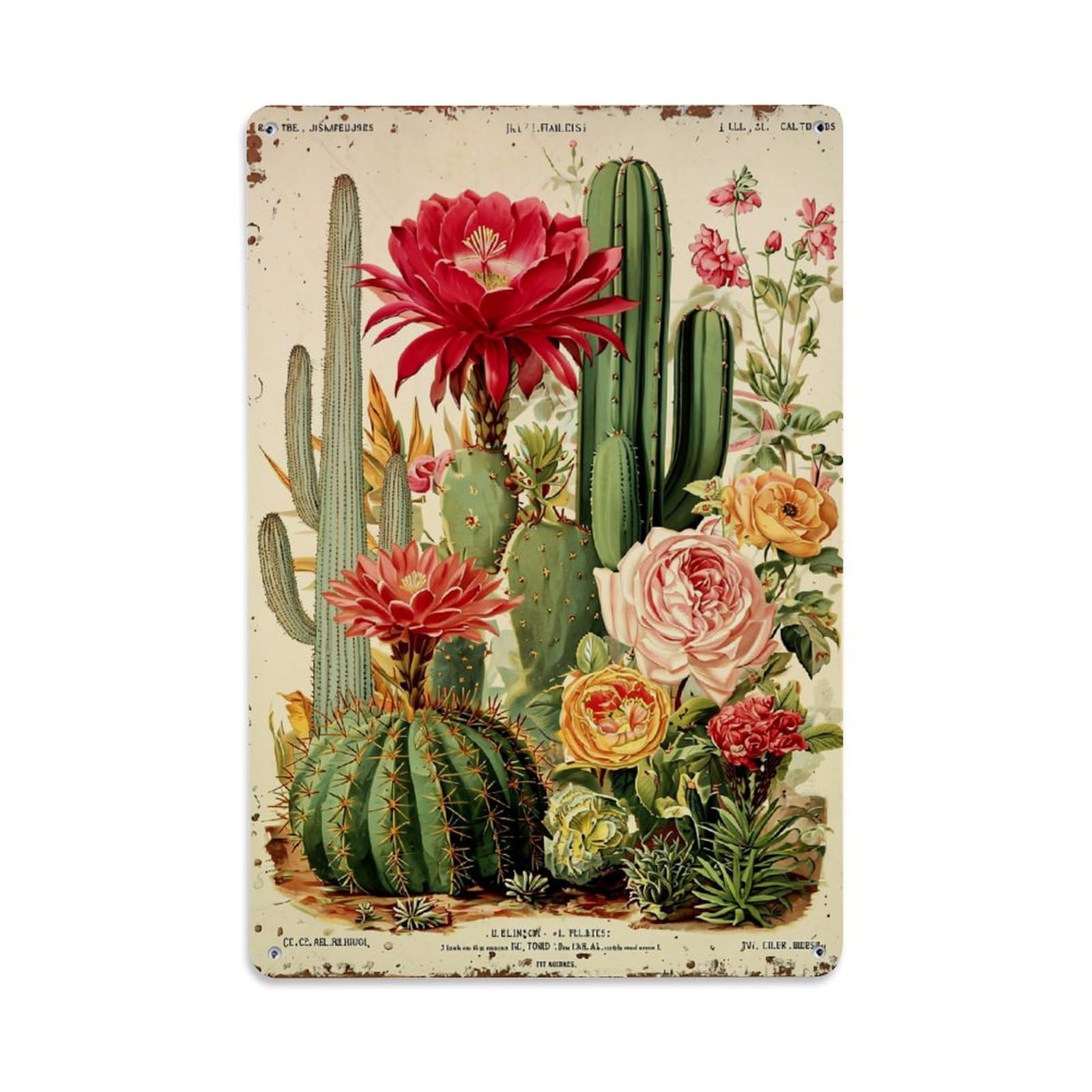 Jdyaojiesheng Vintage Cactus Flower Botanical Art Print Tin Sign Retro Metal Wall Decor Metal Poster, Home Bar Garage Farmhouse Cafe Wall Art Decoration 8X12inches