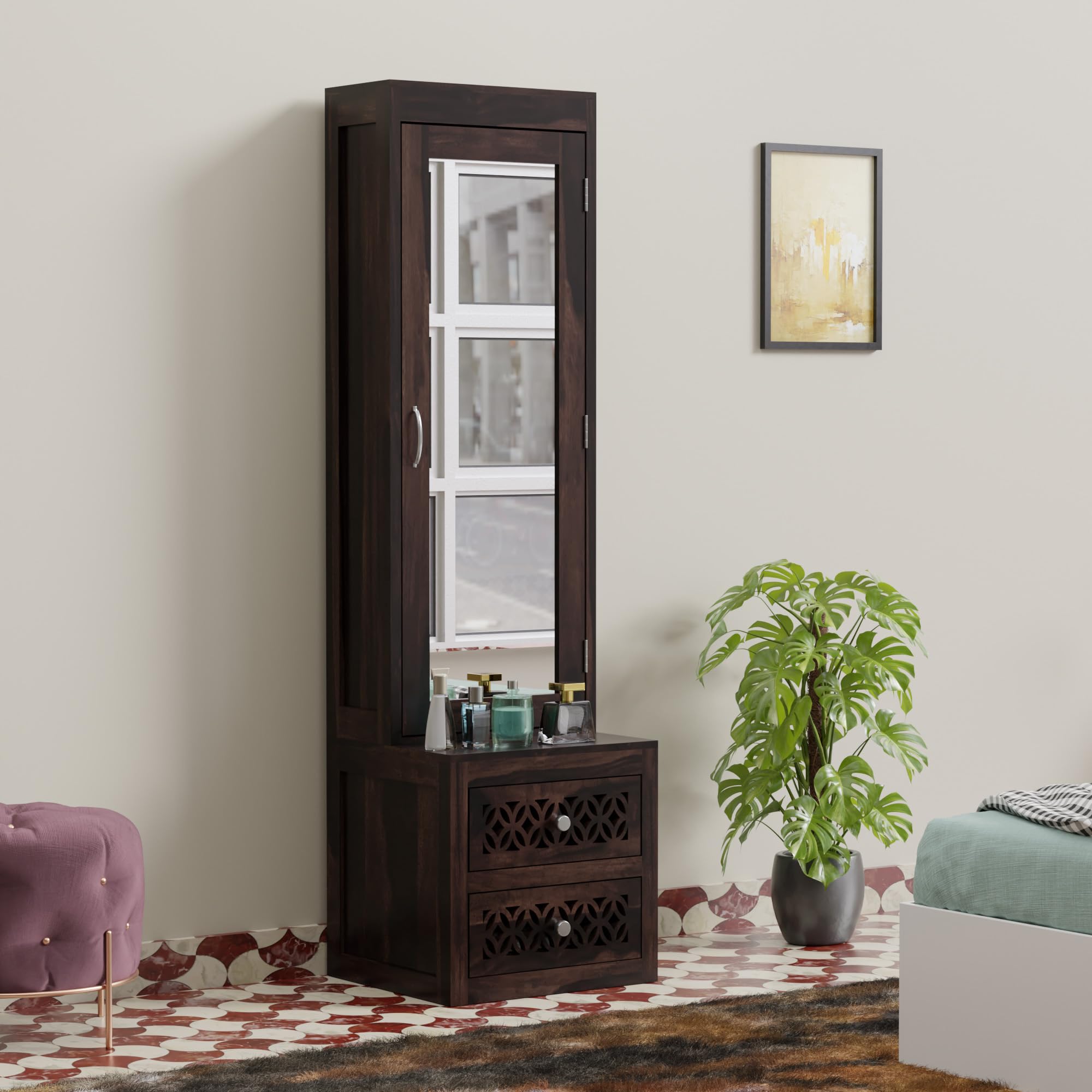 Wood Dressing Table with Mirror and Storage, Makeup Vanity with Drawer and Shelve, Walnut Finish-image-47
