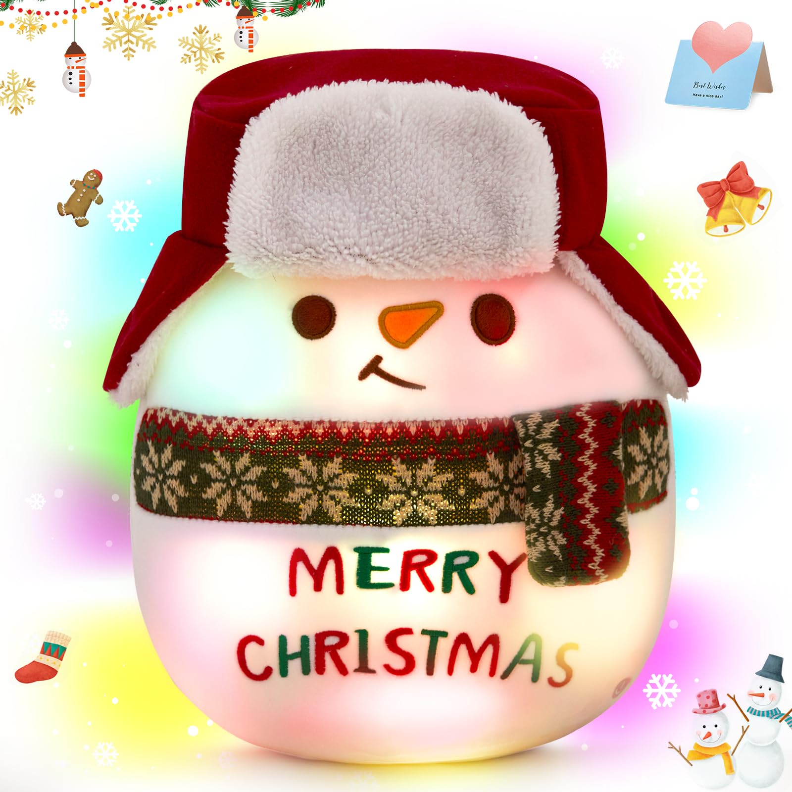 Athoinsu 14-Inch Light up Christmas Snowman Plush Pillow LED Toy with Merry Christmas Embroidery and Festive Scarf, Soft and Cuddly Holiday Décor for