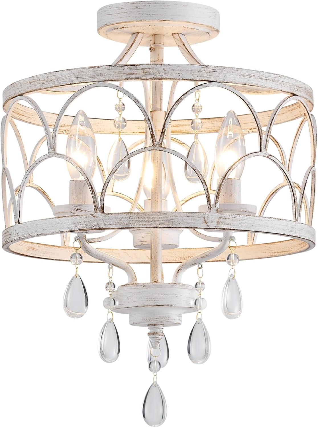 Crystal Ceiling Light Fixture, Modern Small Chandelier Light Fixture, Farmhouse White Semi Flush Mount Ceiling Light, Round Hallway Lighting Fixtures for Bedroom Entryway Dining Room Living Room Antique White, 3 Light 16" High 12.8" Wide