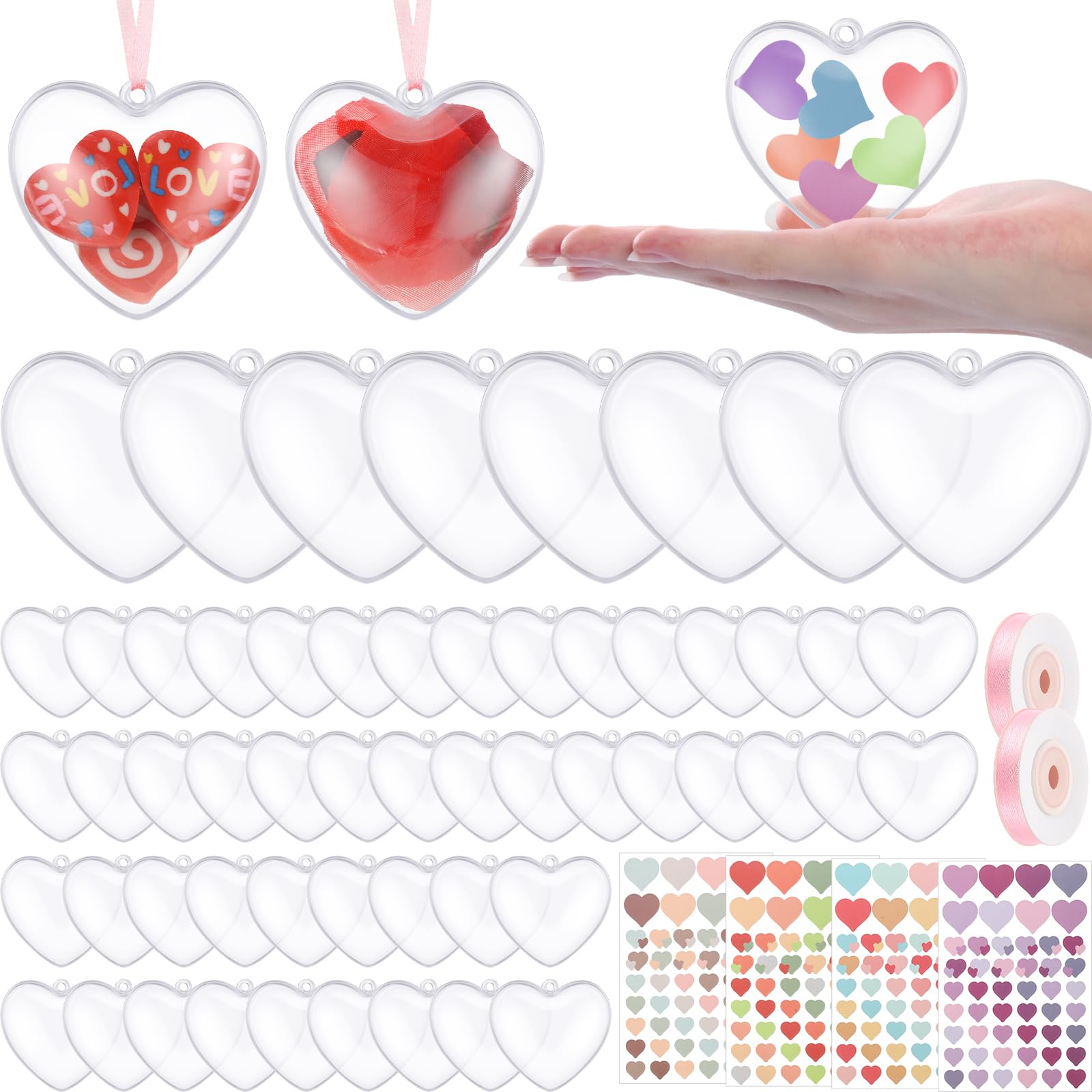 Yuxung 60 Pcs Valentines Clear Plastic Heart Ornaments Craft Ball with 4 Heart Sticker and 2 Ribbon Heart Shape Ornaments Fillable Decorative Hanging Ornaments for DIY Crafts Valentines Christmas Tree