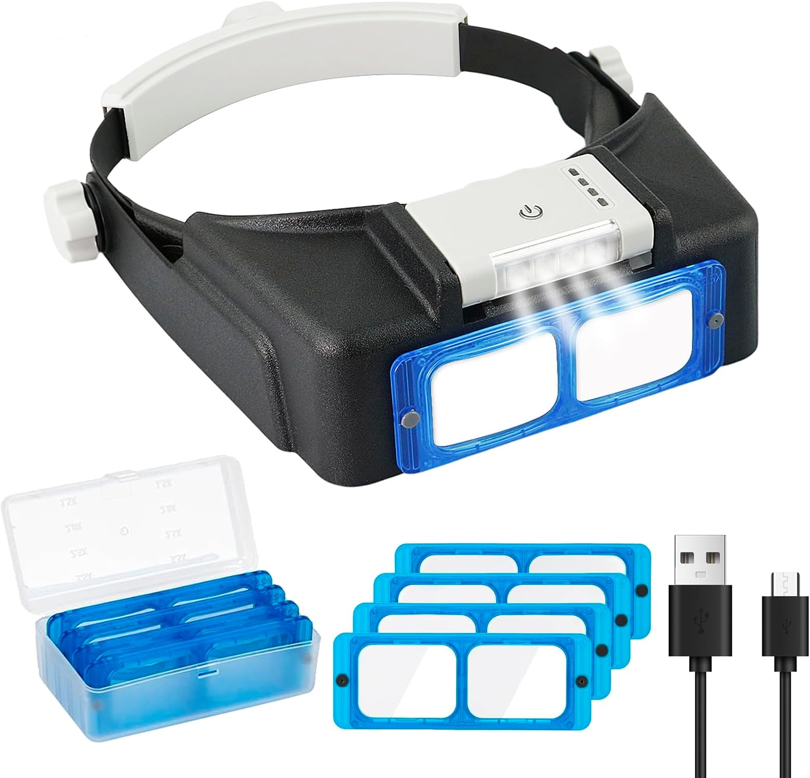 Beileshi Rechargeable Head-Mounted Magnifier with LED Light, Headband Double Lens Illuminated Reading Magnifier Loupe Jewelry Visor Opitcal Glass Binocular Magnifier with Lens -1.5X 2X 2.5X 3.5X