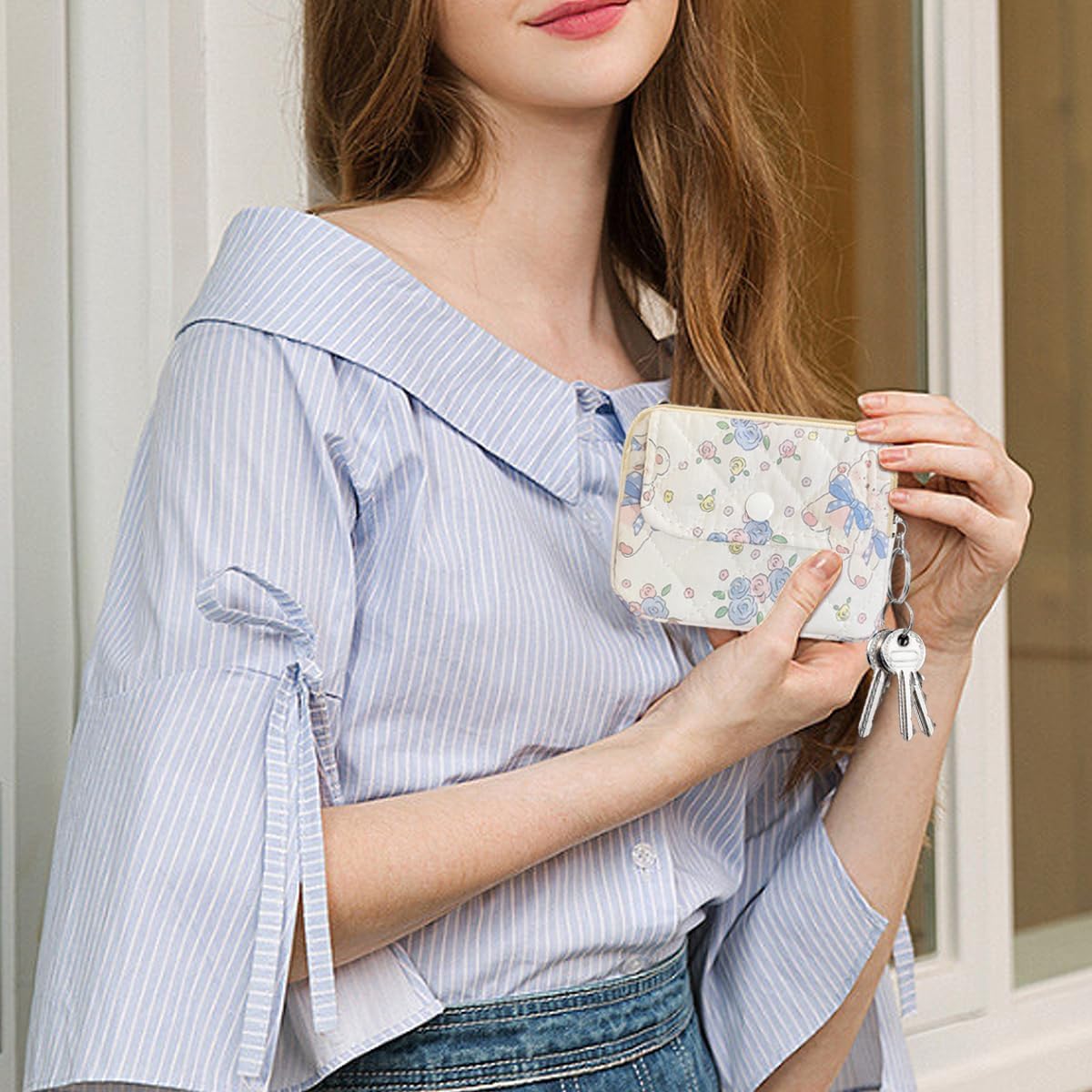 Cotton Quilted Floral Coin Pouch with Cute Prints Zipper for Women Girls (ROSE BEAR) - Image 5