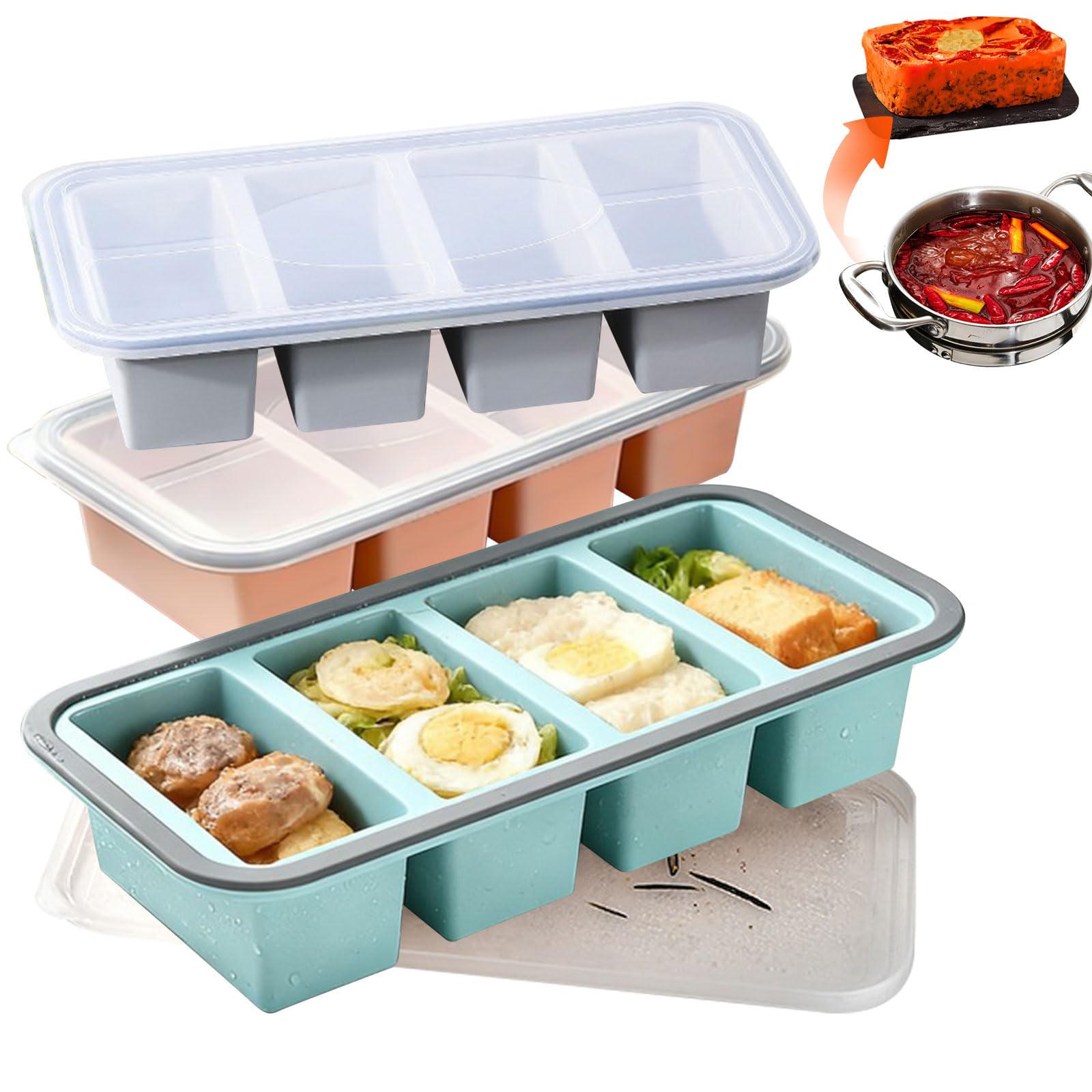 Confezione da 3 contenitori per congelatore con coperchio, in silicone, 4 scomparti (porzioni da 1 l, 250 ml), senza BPA, adatti al congelatore al forno, per cucinare in lotti e controllare le