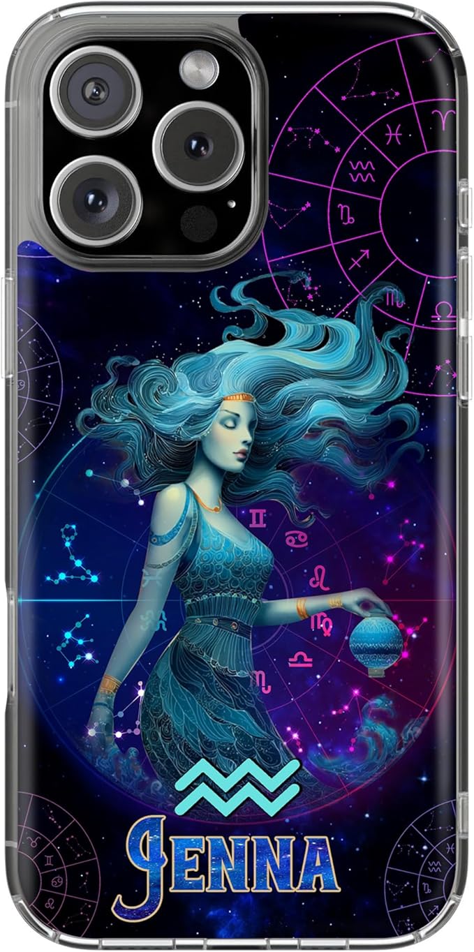 Personalized Aquarius Zodiac Phone Case Compatible with iPhone 16 15 14 13 12 11 Pro Max Mini Plus Custom Name Clear Cover Astrological Water Bearer Design Gift for Horoscope Lovers Star Sign Fans