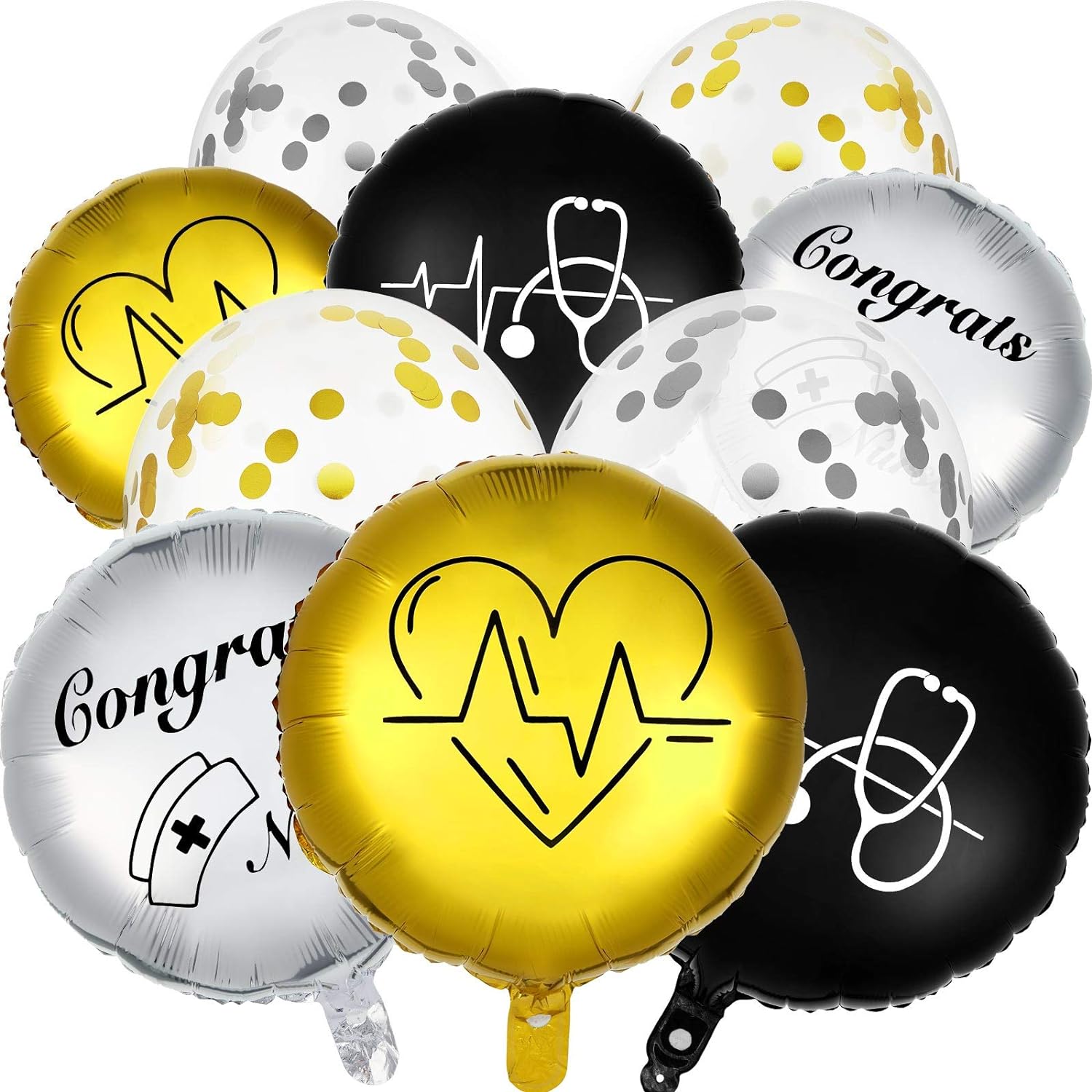 25 Pieces Nurse Balloons 18 Inch 12 Inch Nurse Graduation Foil Balloons with Double Sided Gold Silver Nursing Latex Balloons Decoration for Graduation Theme Party Supplies