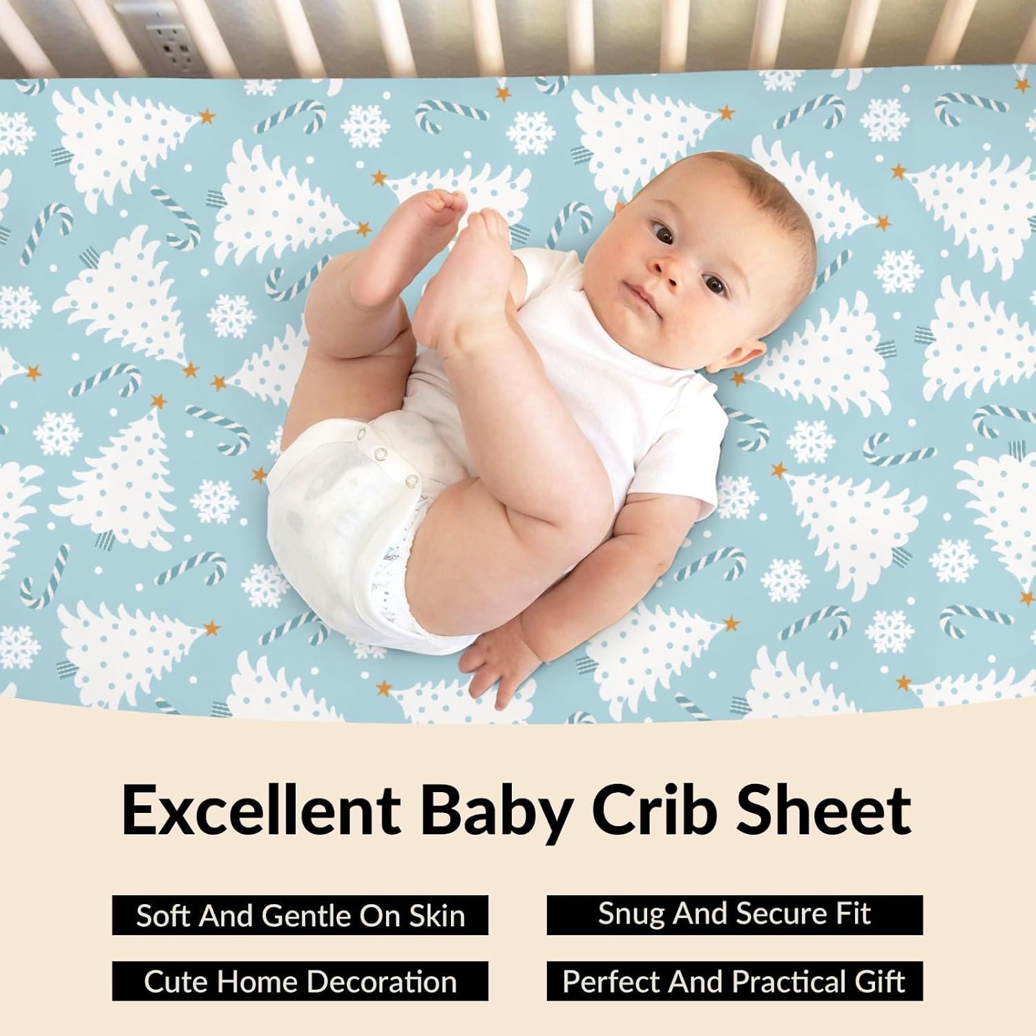 Blue Christmas Trees Candy Cane Snowflake Baby Crib Sheets Cute Pine Trees Sweets Soft Breathable Baby Sheets Festive Winter Holiday Fitted Crib Mattress Cover for Standard Mattress 28x52in