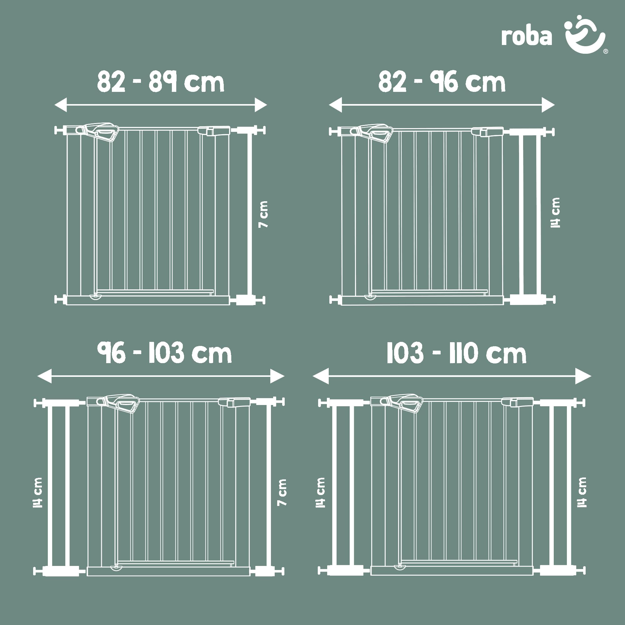 roba barrera de seguridad easySafe+ para puertas y escaleras metal ajustable 75-82 cm extensible hasta 110 cm TÜV cierre con indicador tope 90° sin taladrar para niños 0-24 meses blanco