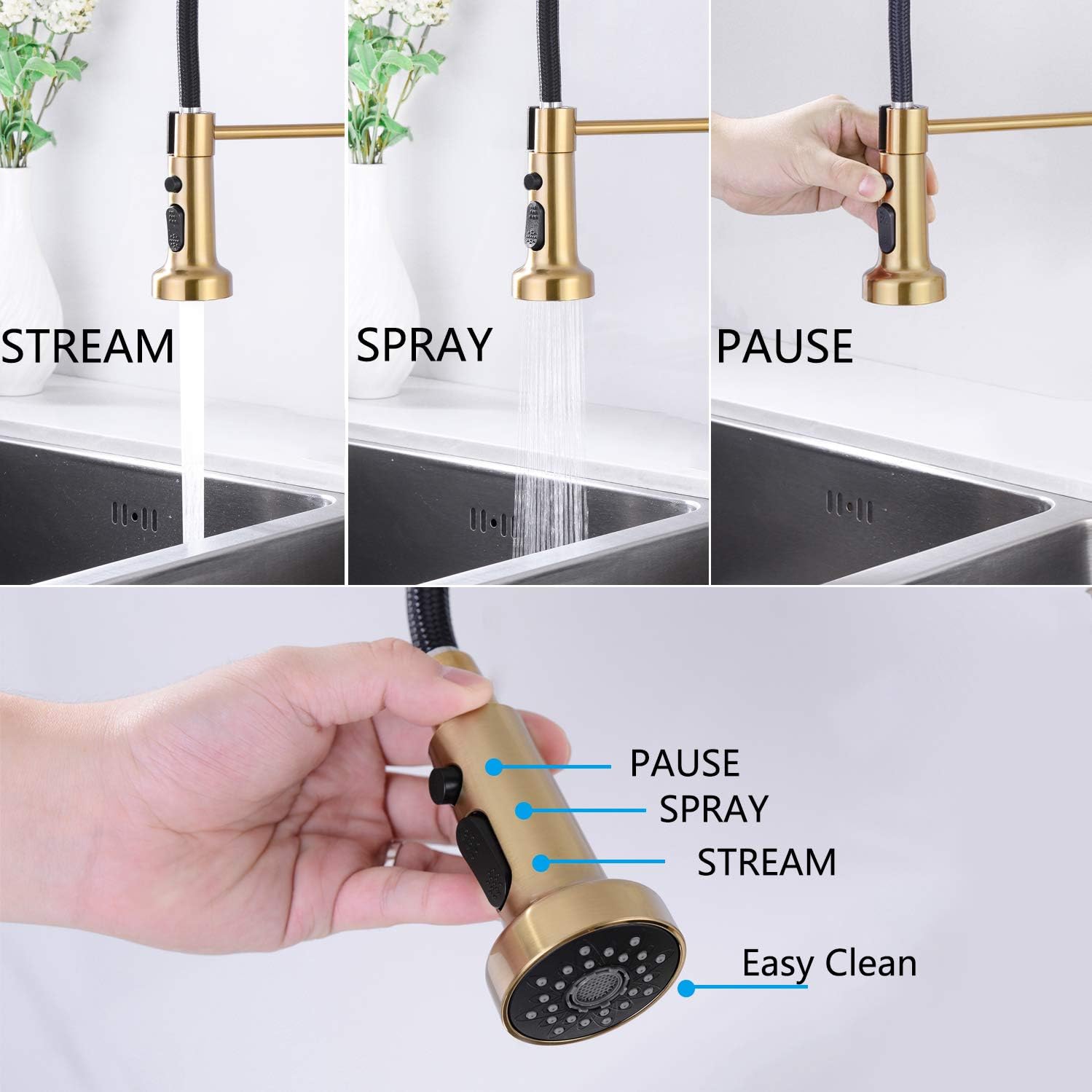 Exclusive Discount 90% Price BZOOSIU Pull Down Sprayer Kitchen Faucet, Solid Brass Kitchen Sink Faucet with Deck Plate, Commercial Spring Single Handle Kitchen Faucet, Brushed Gold