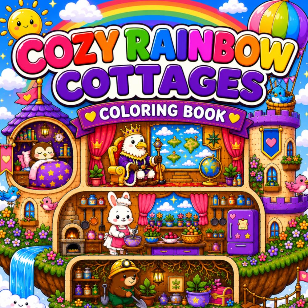 Cozy Rainbow Cottages Coloring Book for Adults and Teens: Cute Fantasy Castle Homes, Whimsical Animal Adventures, Relaxing Cozy Coloring Pages