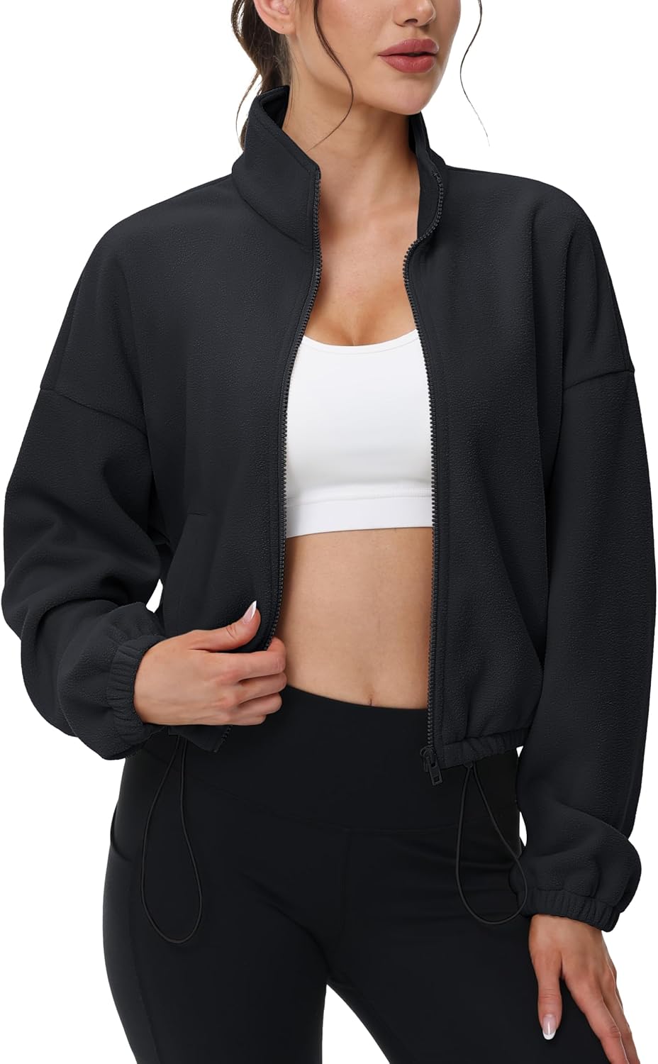 MAGCOMSEN Women's Cropped Fleece Jacket Full Zip Stand Collar Workout Short Sherpa Coat Winter Sweatshirt