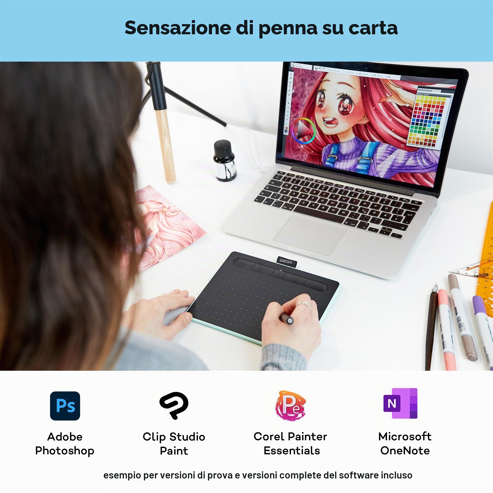 Wacom Ctl-4100Wle-S Intuos Bluetooth, Tavoletta Grafica Con Penna, Software Creativo e Bluetooth Inclusi, Verde Pistacchio, S