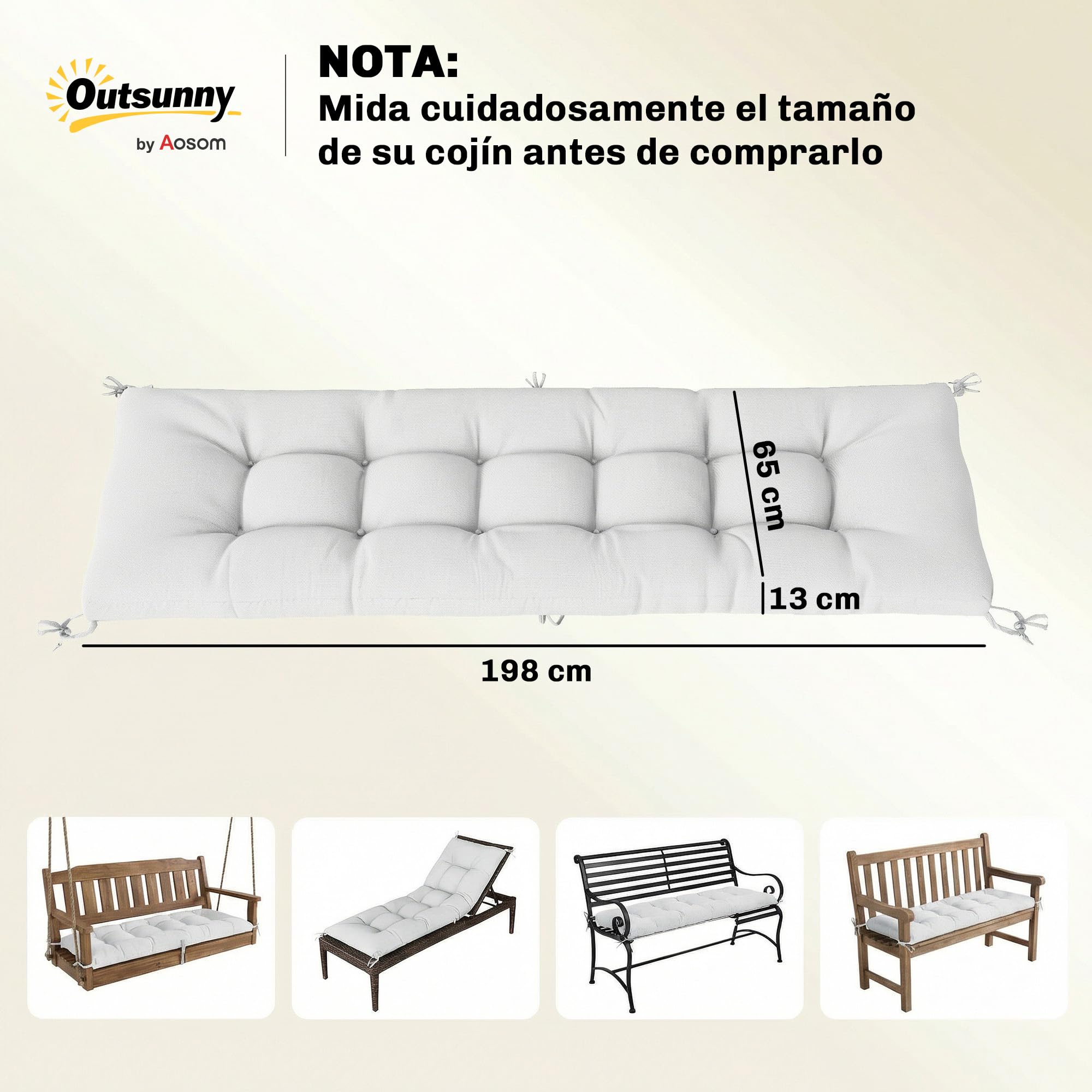 Outsunny Cojín para Banco Exterior y Tumbona UV50+ 198x65x13 cm Crema | Cojín para Banco y Tumbona de Jardín, con Correas de Sujeción, Rebote Lento, para Interior y Exterior