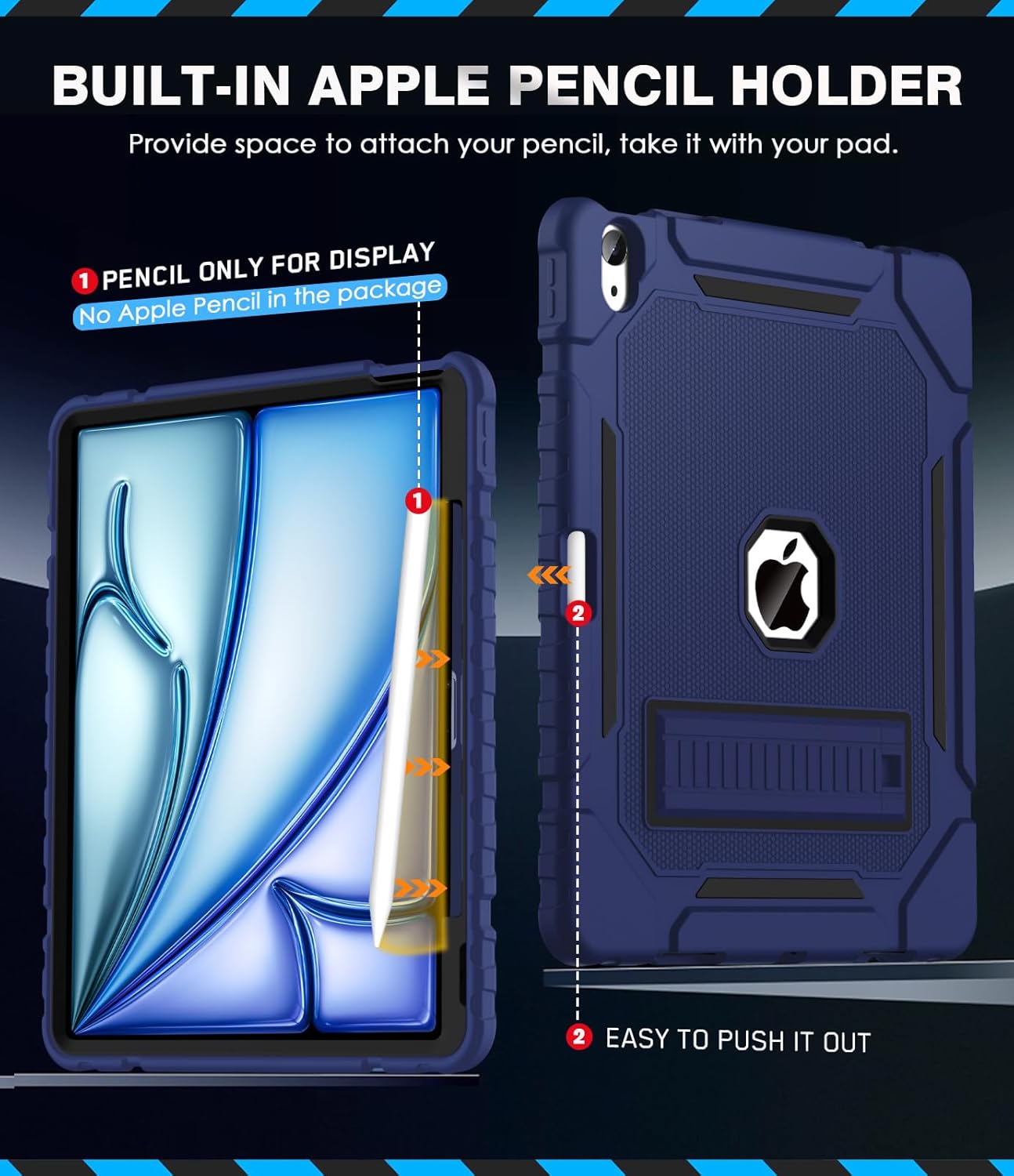Grifobes Case for iPad Air 13-inch (M3/M2) 2025/2024, Heavy Duty Shockproof Rugged Protective Cover with Pencil Holder/Built-in Stand for i Pad Air 13" (Navy Blue) - Image 3