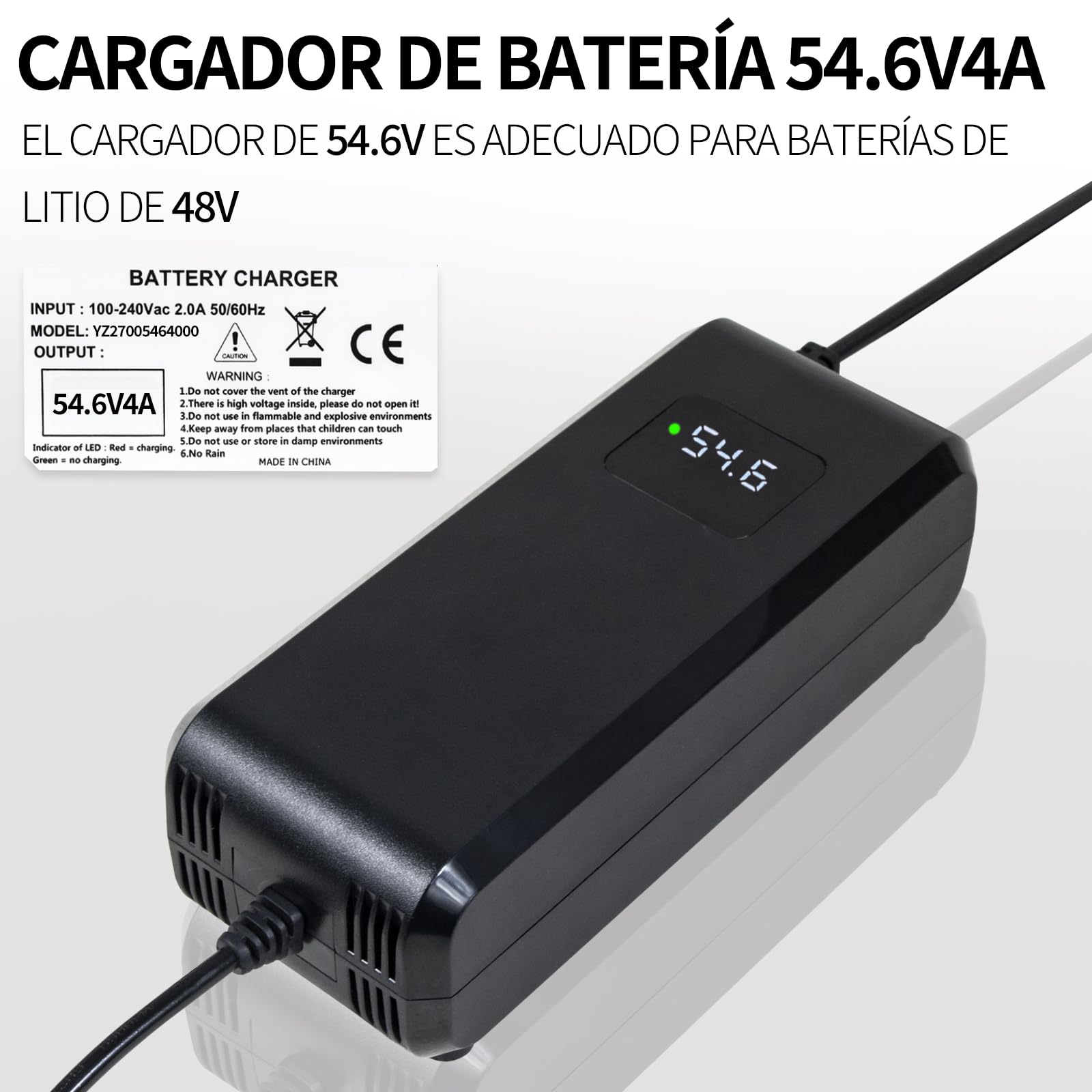 Caricatore 54,6 V 4 A agli ioni di litio 48 V, bicicletta elettrica e monopattino elettrico | Display LED, XLR a 3 pin, protezione multipla, funzione di riparazione e certificato CE per una ricarica sicura e affidabile.