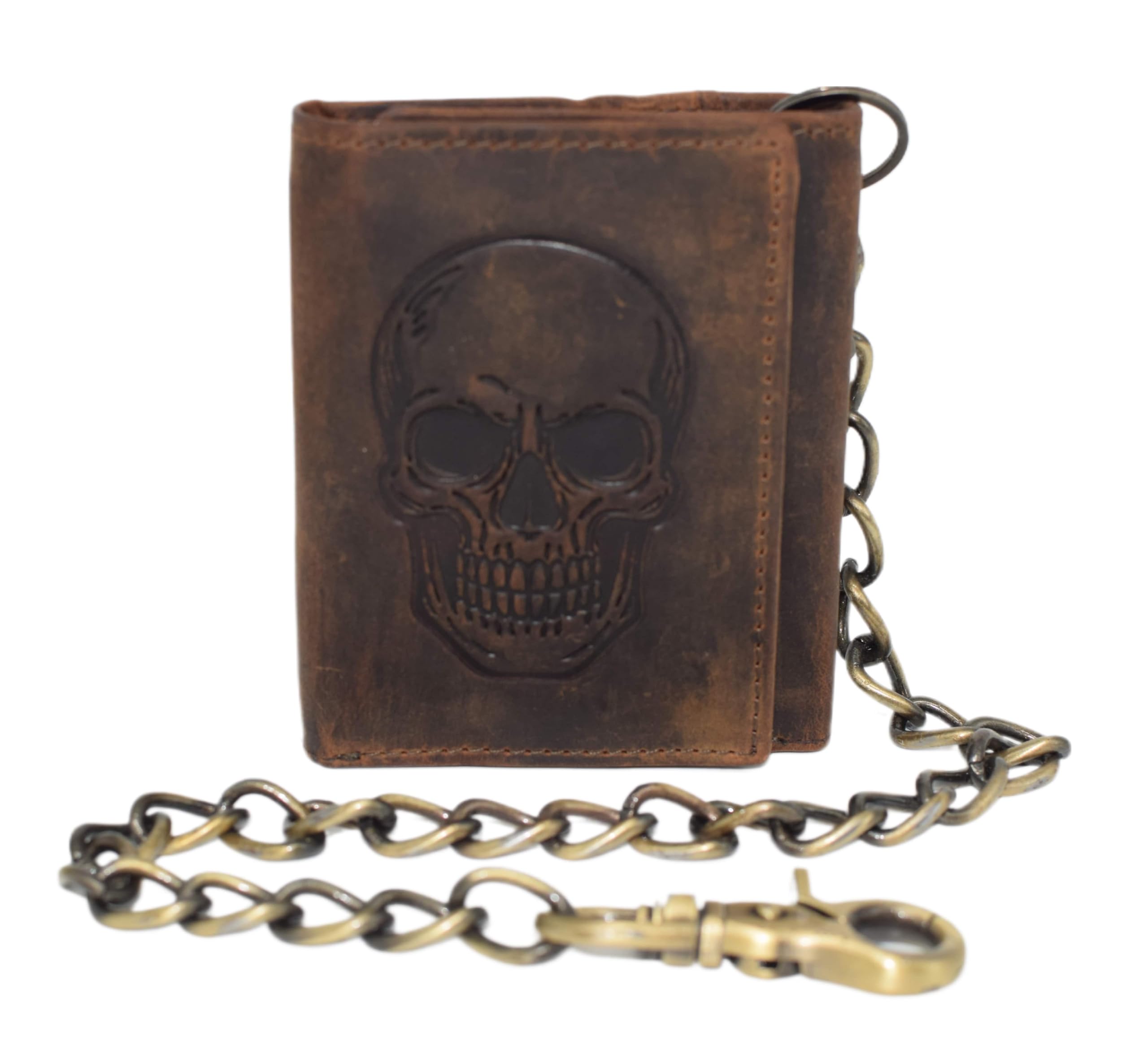 Men's RFID Blocking Trifold Vintage Leather Biker Chain Wallet With Snap Closure