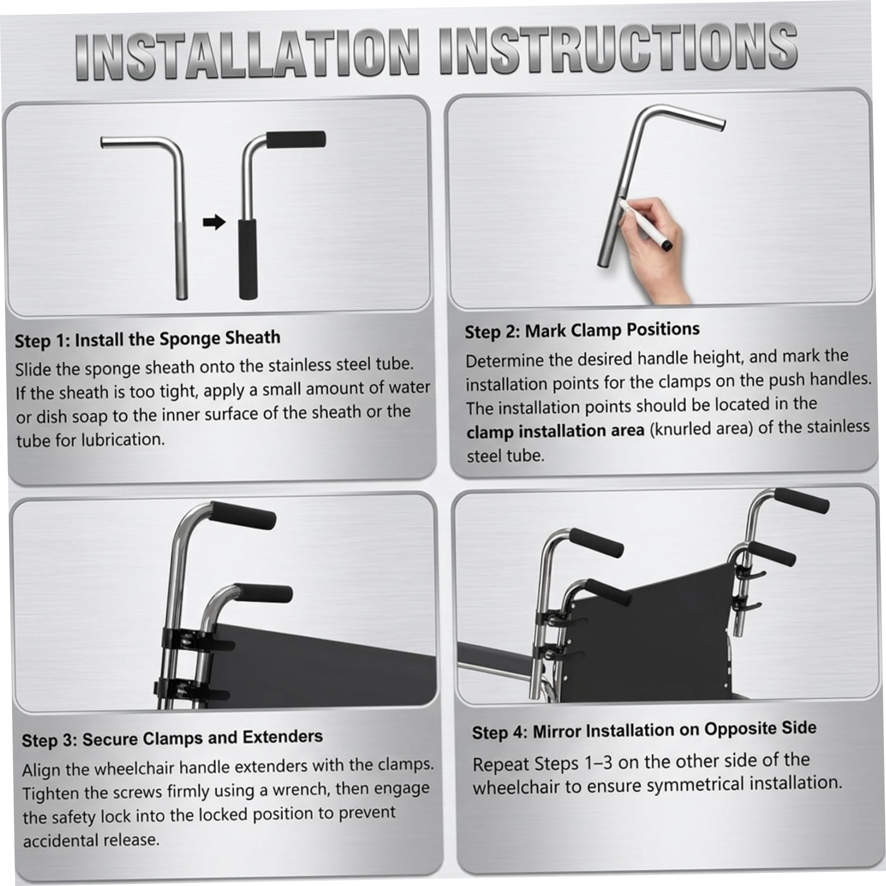 Extensores de mango para silla de ruedas, extensor de mango de empuje ajustable en altura para silla de ruedas y cochecito, paquete de 2 accesorios con extensores de agarre antideslizantes
