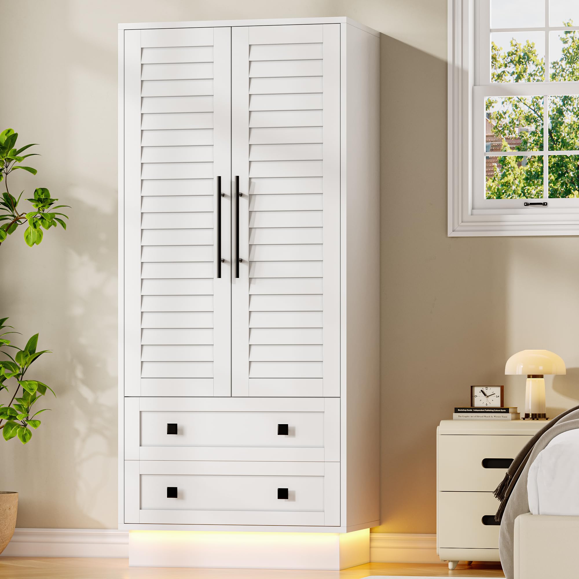 FEONASE 2 Door & 2 Drawer Wardrobe with LED Light,White Wardrobes for Bedroom,175H x 75W x 48D cm