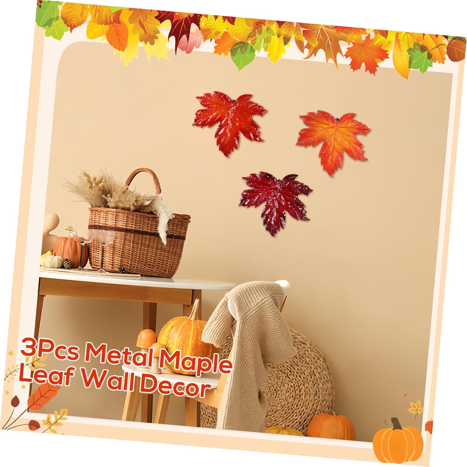 Ironwork Simulated Maple Leaf Decoration 3Pcs Autumn Garden Hanging Ornaments for Home Outdoor Wall Art Seasonal Thanksgiving Halloween Party Decor