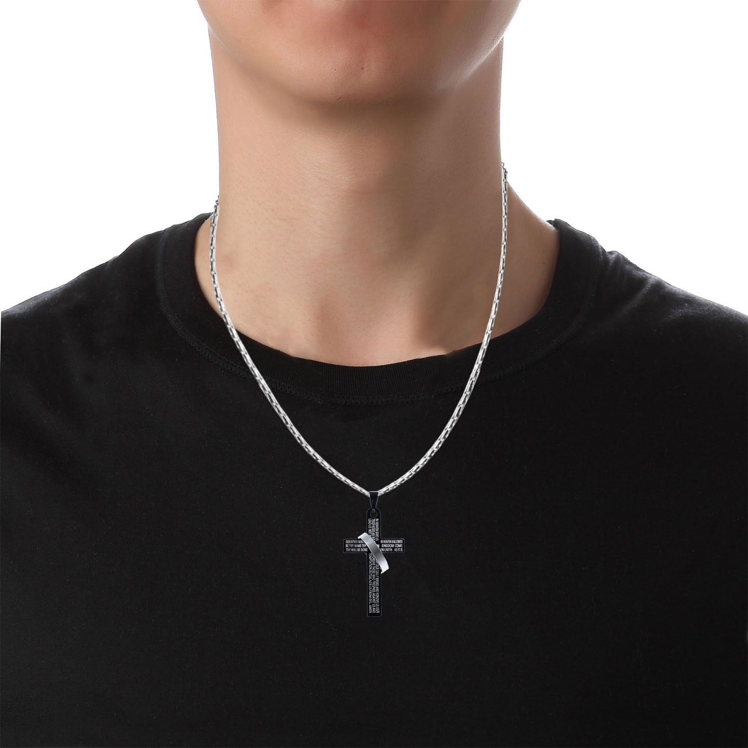Fervent Men's Stainless Steel Chain [Lord's Prayer Necklace] Cross & Ring Halo - Black Pendant - Christmas Gift - Image 6