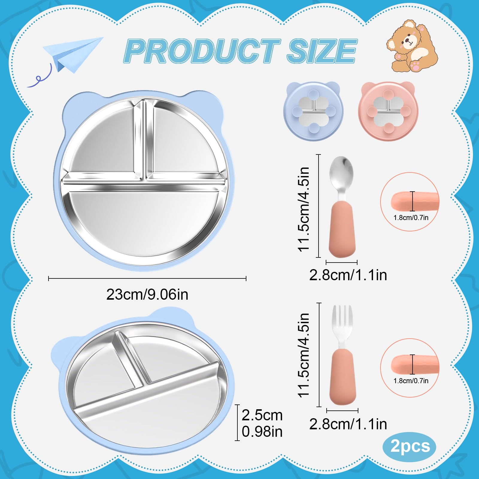 Zyluniy 2 pezzi Piatto Bambini in Acciaio Inox con Ventosa, Piatto Diviso Antiscivolo con Manica Silicone Rimovibile - Non Tossico Senza BPA per Svezzamento Autonomo e Bambini