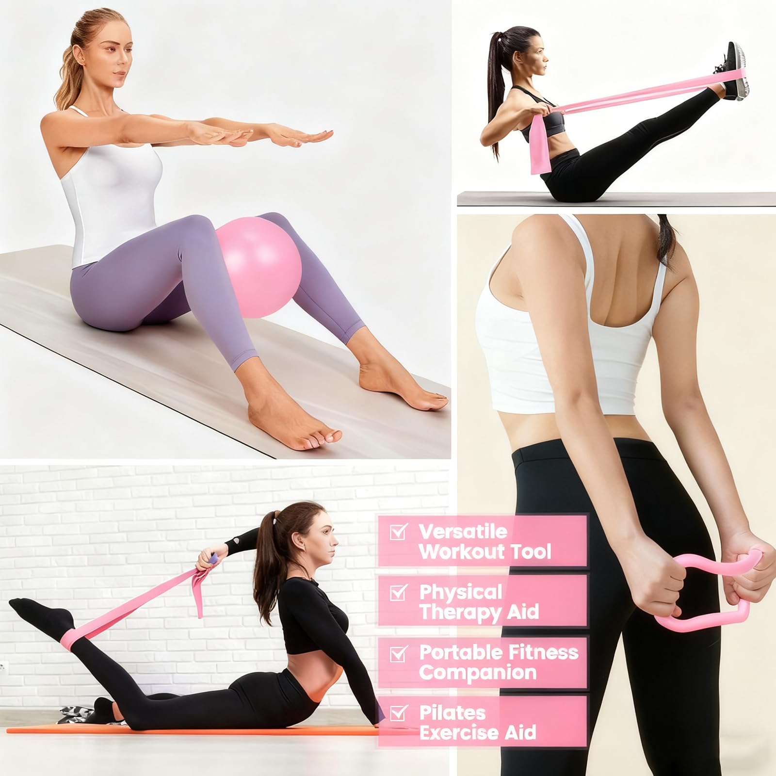 Kit Pilates, Anneau Pilates, Ensemble Fitness 13 Pièces avec Surface Texturée Anti-Dérapante, Incluant Ballon d'exercice Et 5 Bandes De Résistance, pour Entraînement Maison, Séance Studio