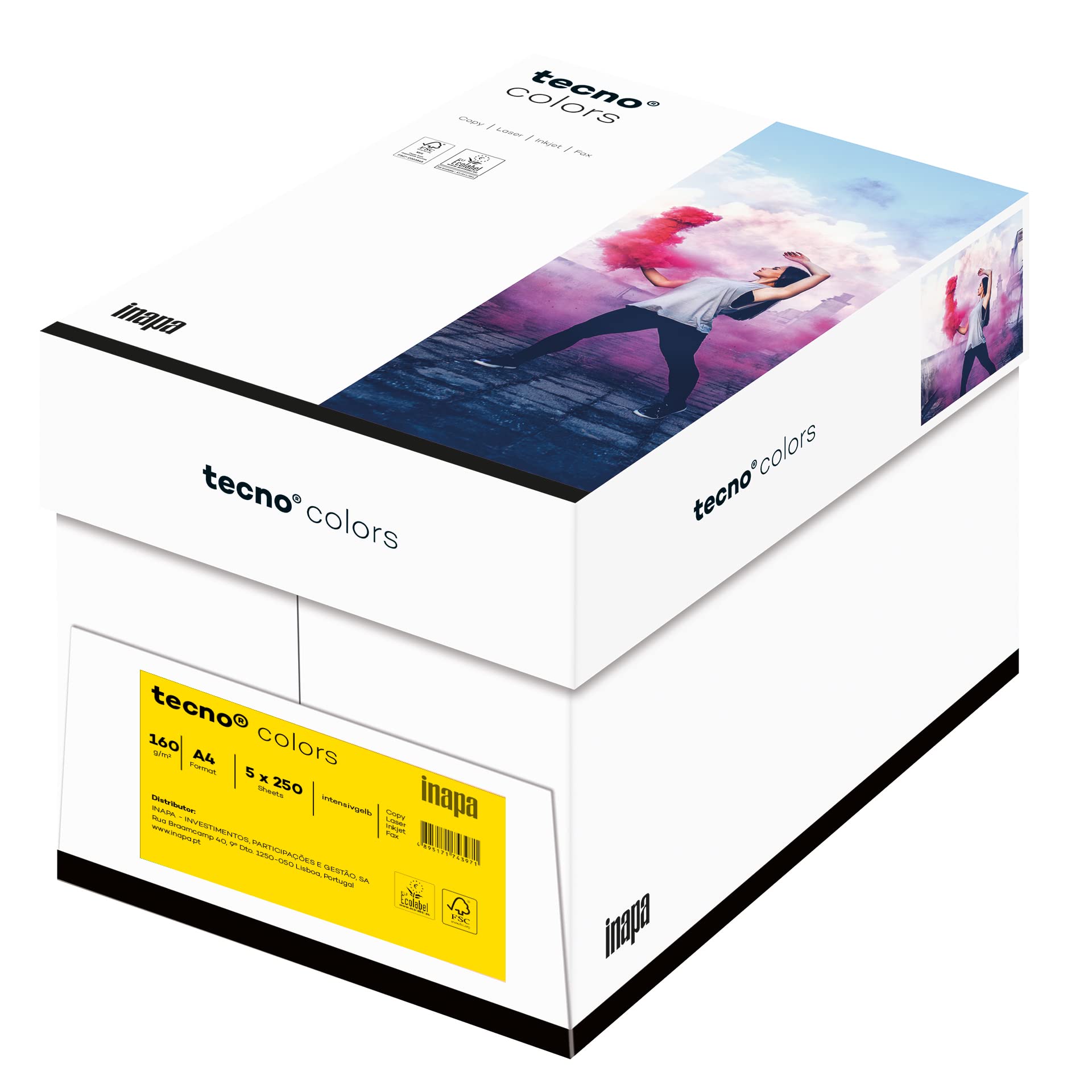 inapa farbiges Druckerpapier, buntes Papier tecno Colors: 160 g/m², A4, 1.250 Blatt (5x250), intensivgelb