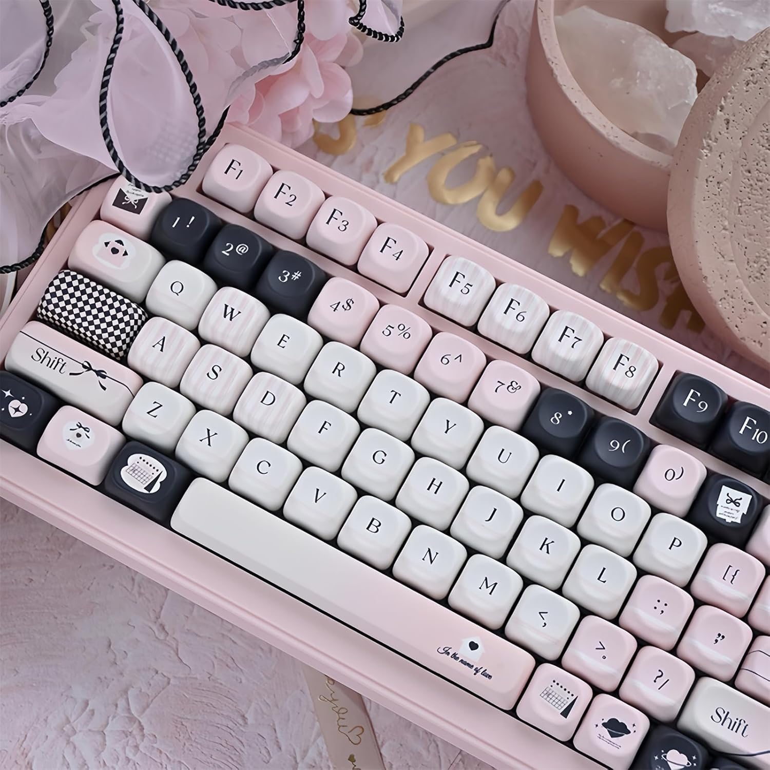 MOA Profile Cute Keycaps,PBT Dye-Sub Kawaii Pink and Black Keycaps Custom Full Size Keycap Set for Cherry MX Switch ANSI Layout 75% 60% Mechanical Gaming Keyboard Creamy Keycap (118Keys)