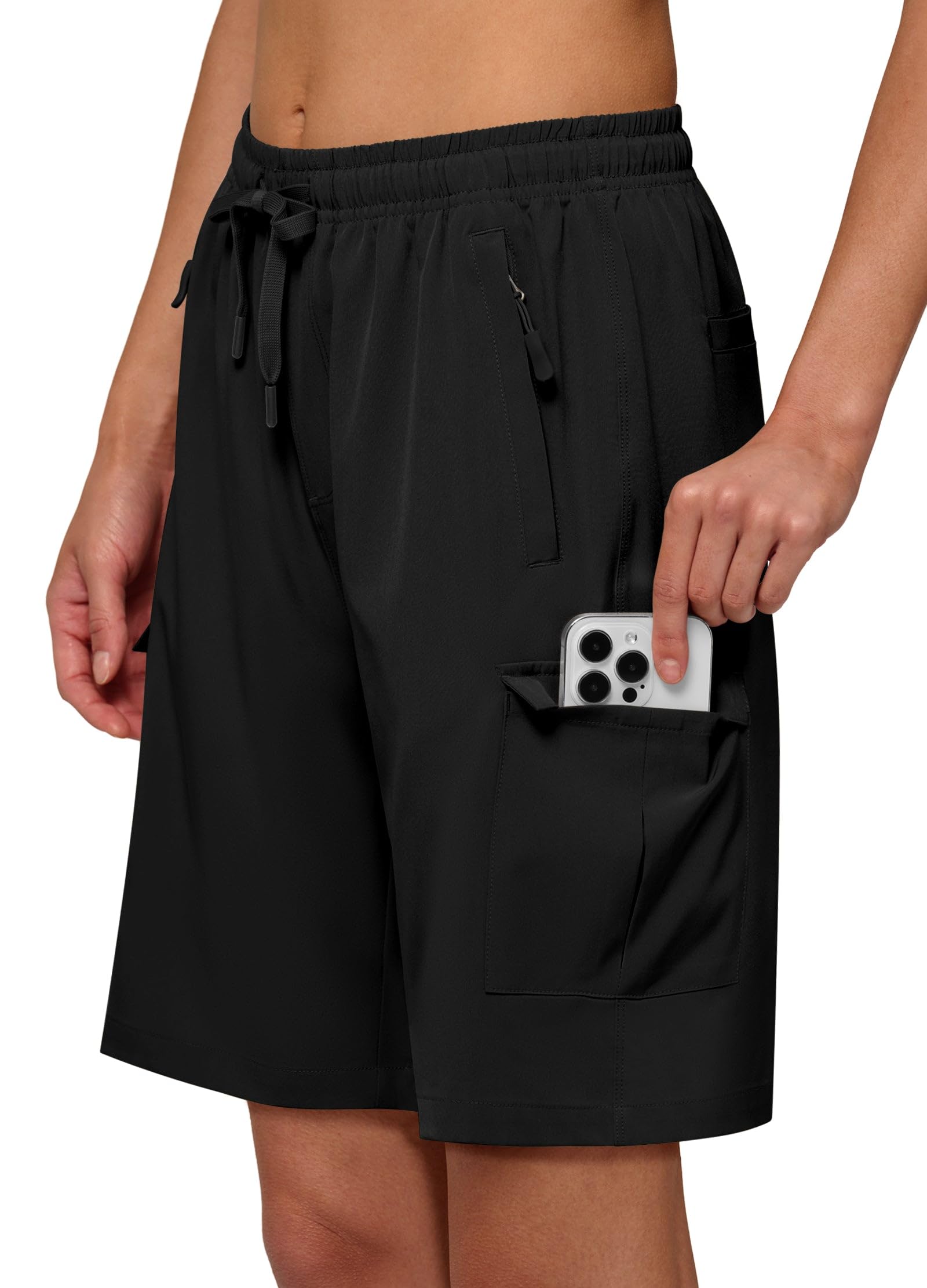 Willit Women's 9'' Hiking Cargo Athletic Shorts with Zipper Pockets Quick Dry for Camping, Golf, Travel Water Resistant Black XXL