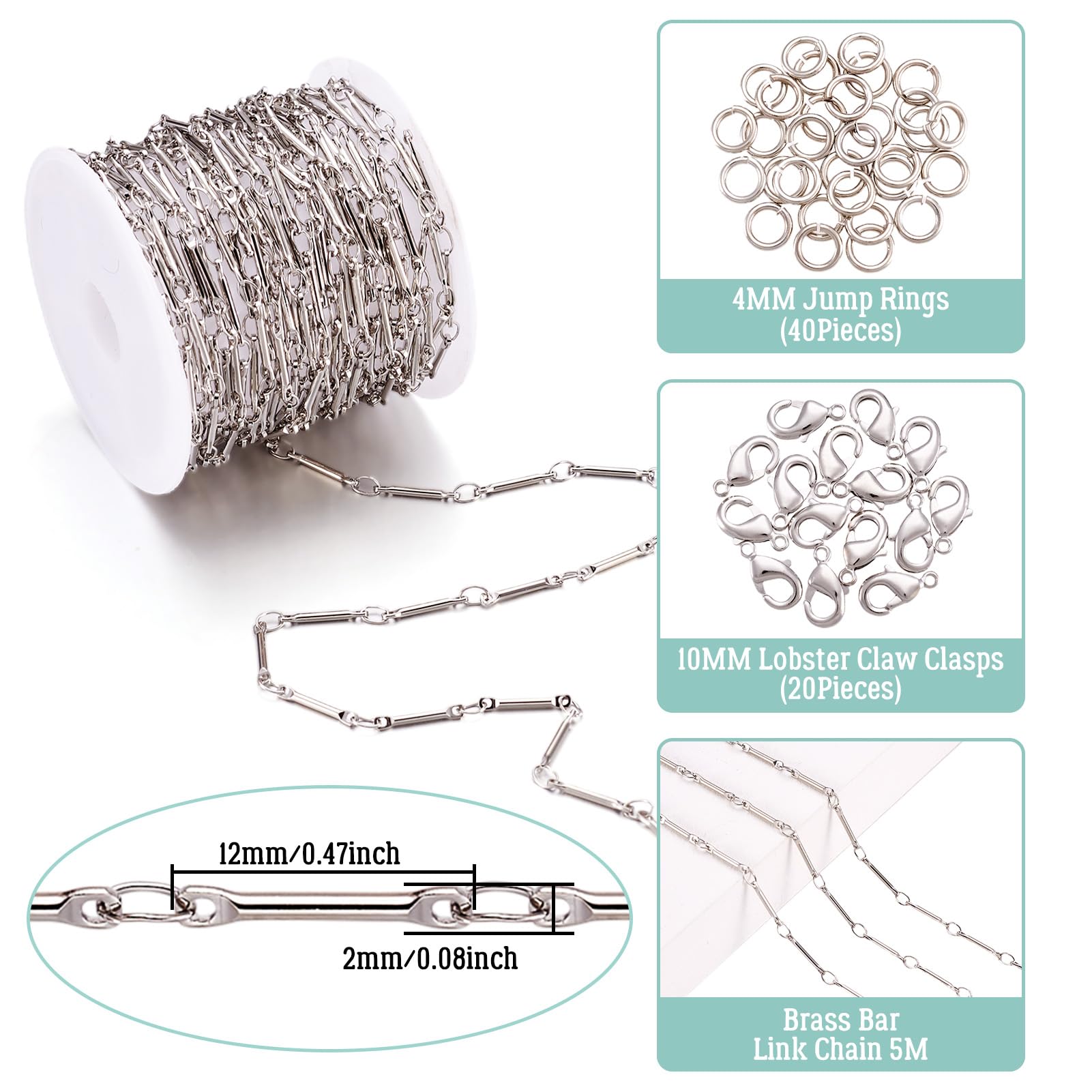 PandaHall 5m Brass Bar Link Chains Platinum Soldered Jewelry Extension Chains with Lobster Claw Clasps Jump Rings for DIY Bracelet Necklace Jewelry Making - Image 3