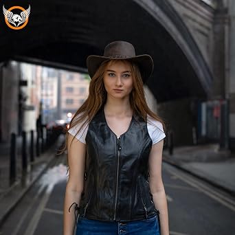 Leatherick Women Top Grain Genuine Buffalo Black Ladies Leather Vests for Motorcycle Bikers