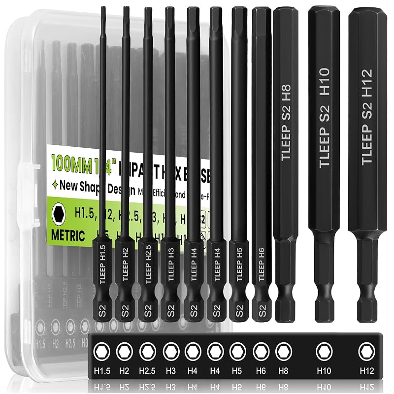 Jogo de bits Allen métricos TLEEP com haste sextavada de 6,35 mm, comprimento de 10,2 cm e estojo, 1,5 a 12 mm, kit com 11 peças