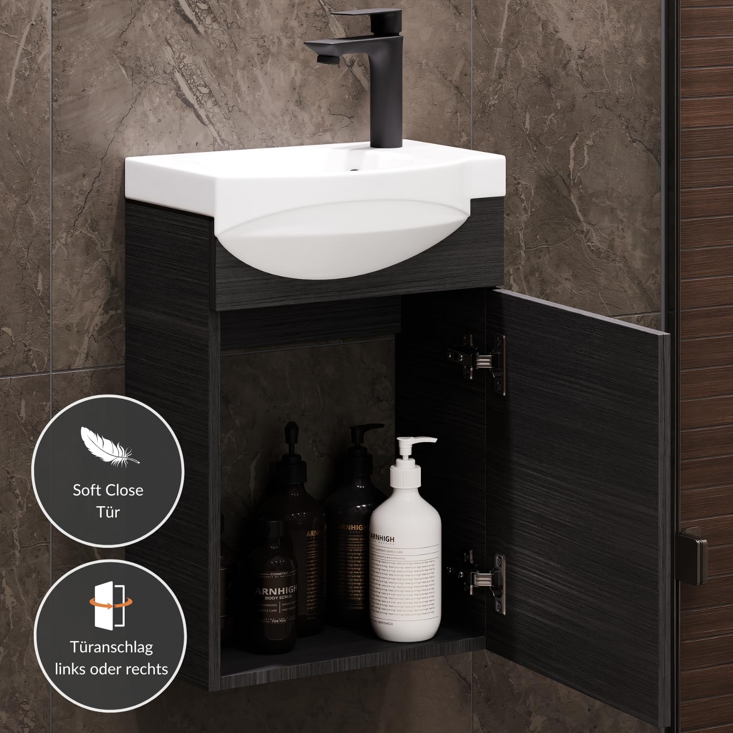 Planetmöbel Badmöbel Set Waschtisch mit Unterschrank 40 x 60 x 29 cm, Spiegel mit Beleuchtung 50 x 90 cm für Badezimmer, Gäste WC & Bad, Anthrazit