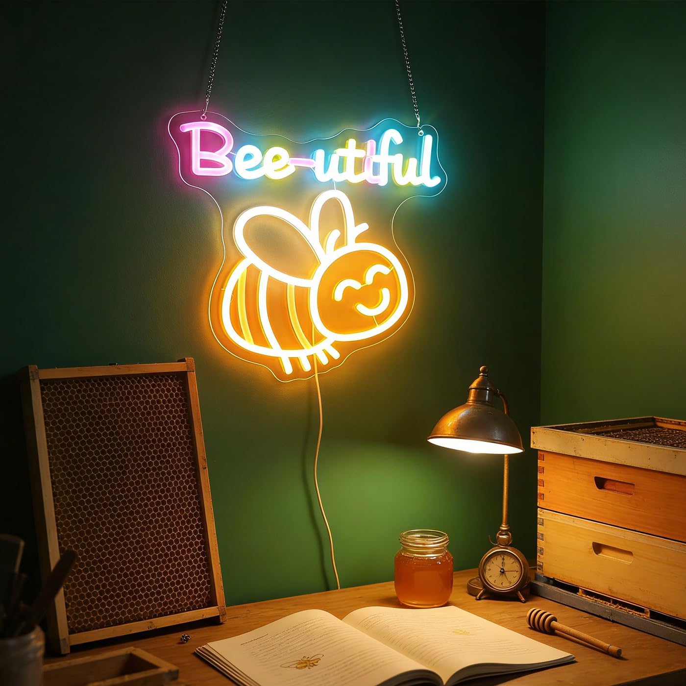 "Bee-utiful" Happy Bumblebee Neon Light - Cute & Punny LED Wall Art for Kitchen, Bedroom, Nursery Decor, Dimmable USB Night Light with Hanging Kit, Sweet Gift for Bee Lovers, Kids & Her