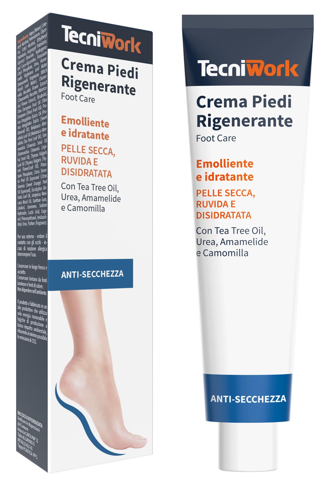 Tecniwork Crema Piedi Rigenerante Idratante ed Emolliente con Tea Tree Oil, Urea, Amamelide e Camomilla per Pelle Secca e Disidratata 75 ml