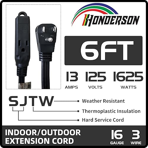 Miniatura 2 de HONDERONS - Cable de extensión negro de 6 pies y 3 salidas con enchufe plano, cable de extensión 163 SPT-3 de 3 clavijas, cable de alimentación