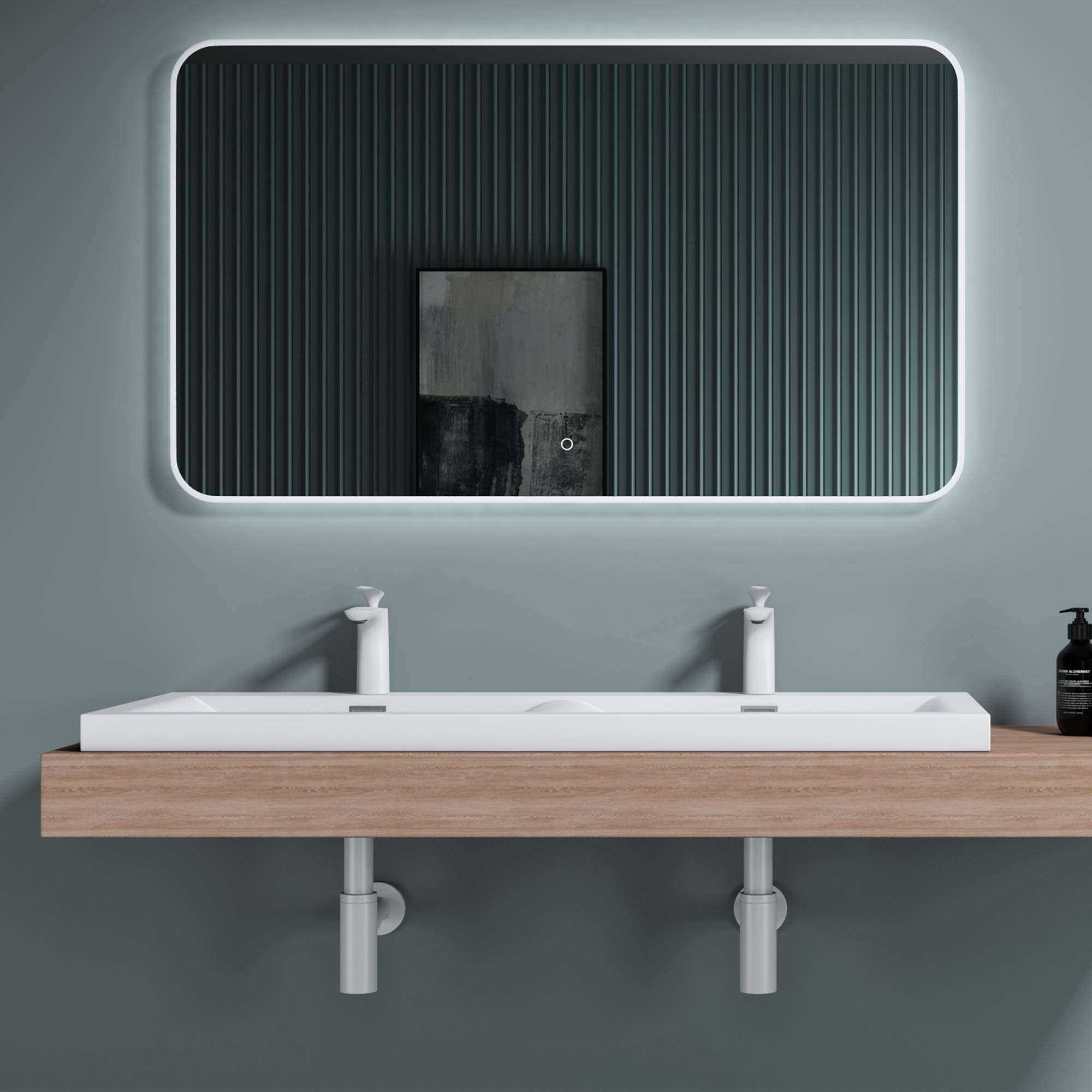 doporro Lavabo da Incasso 120 cm Doppia Vasca in Marmoresina Bianco Lucido, Lavabo Bagno Integrale Soprapiano con 2 Fori Rubinetto e Troppopieno Colossum03