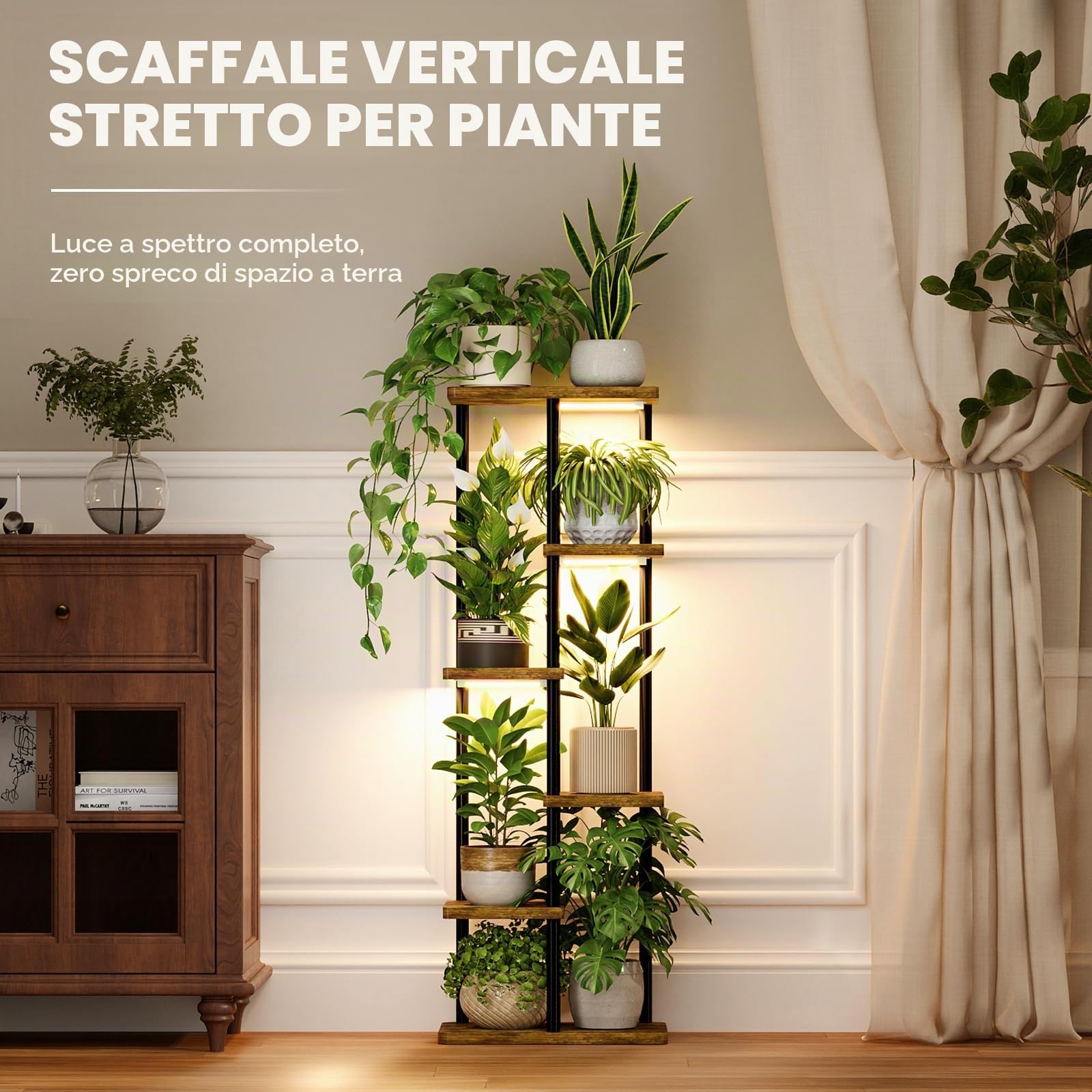 Bamworld Mensola per piante con luce crescente per piante da interno, angolo a 6 livelli, supporto per piante in metallo, supporto per fiori in legno per casa, soggiorno, decorazione patio